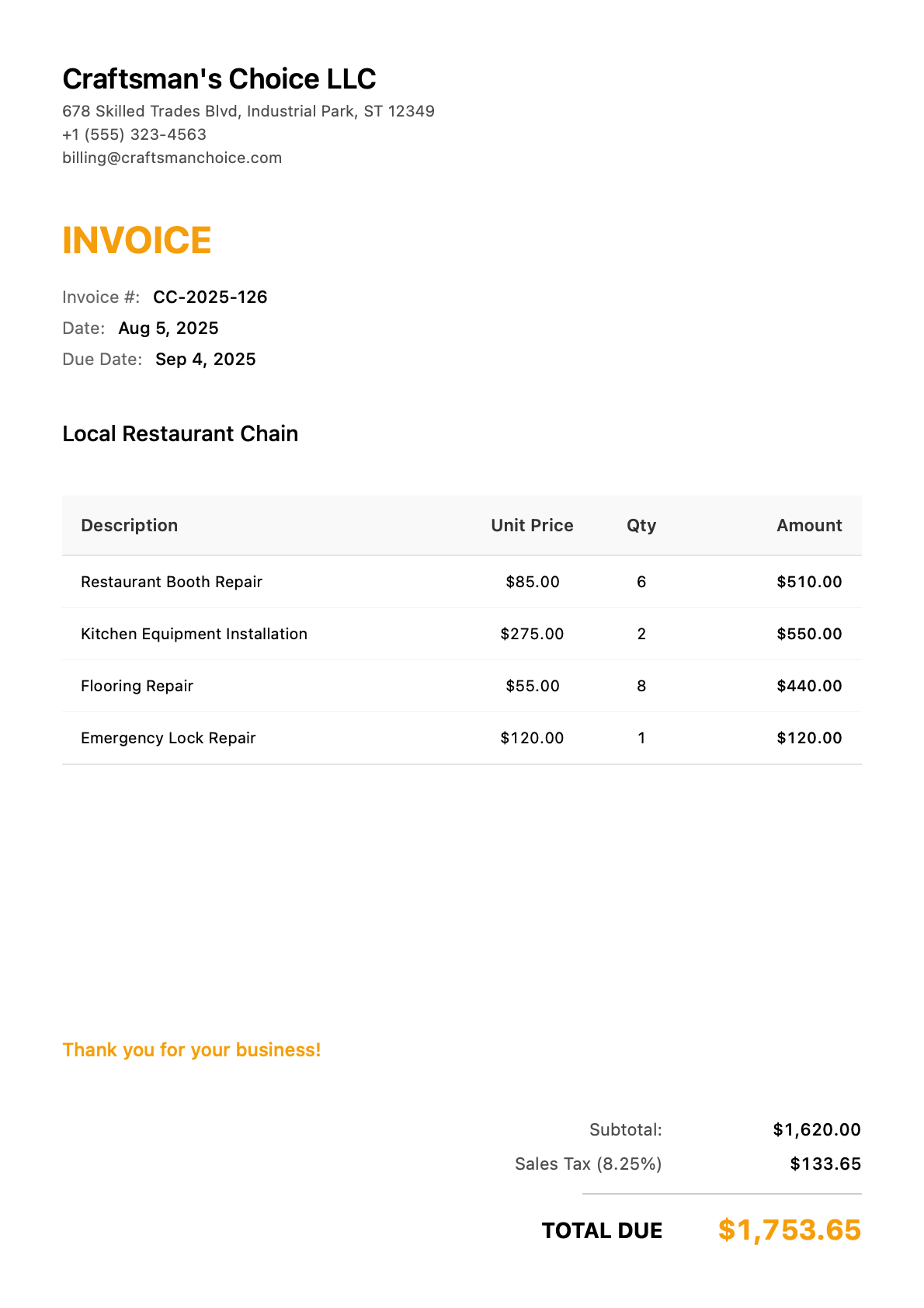 Invoice for Local Restaurant Chain