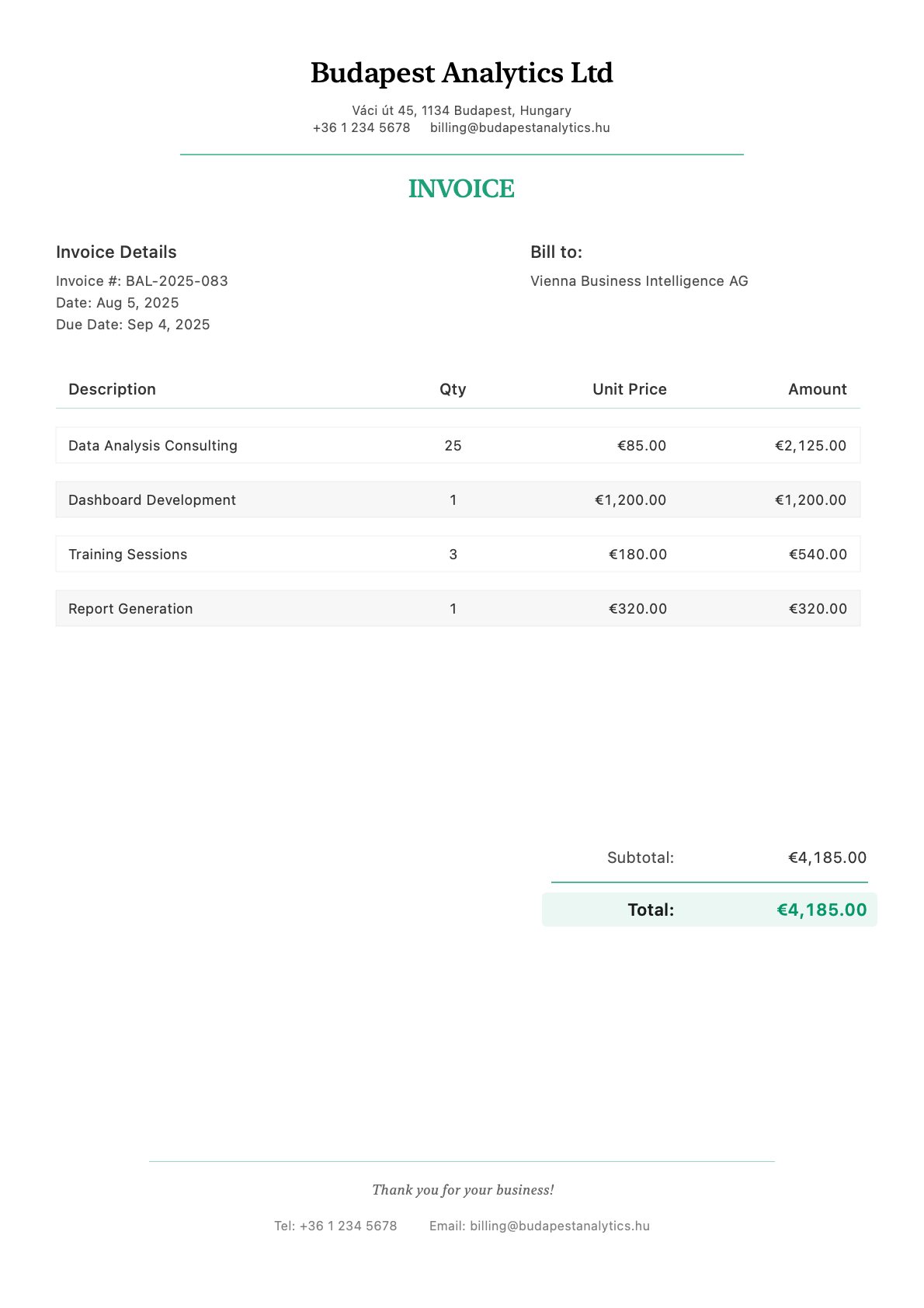 Invoice for Vienna Business Intelligence AG