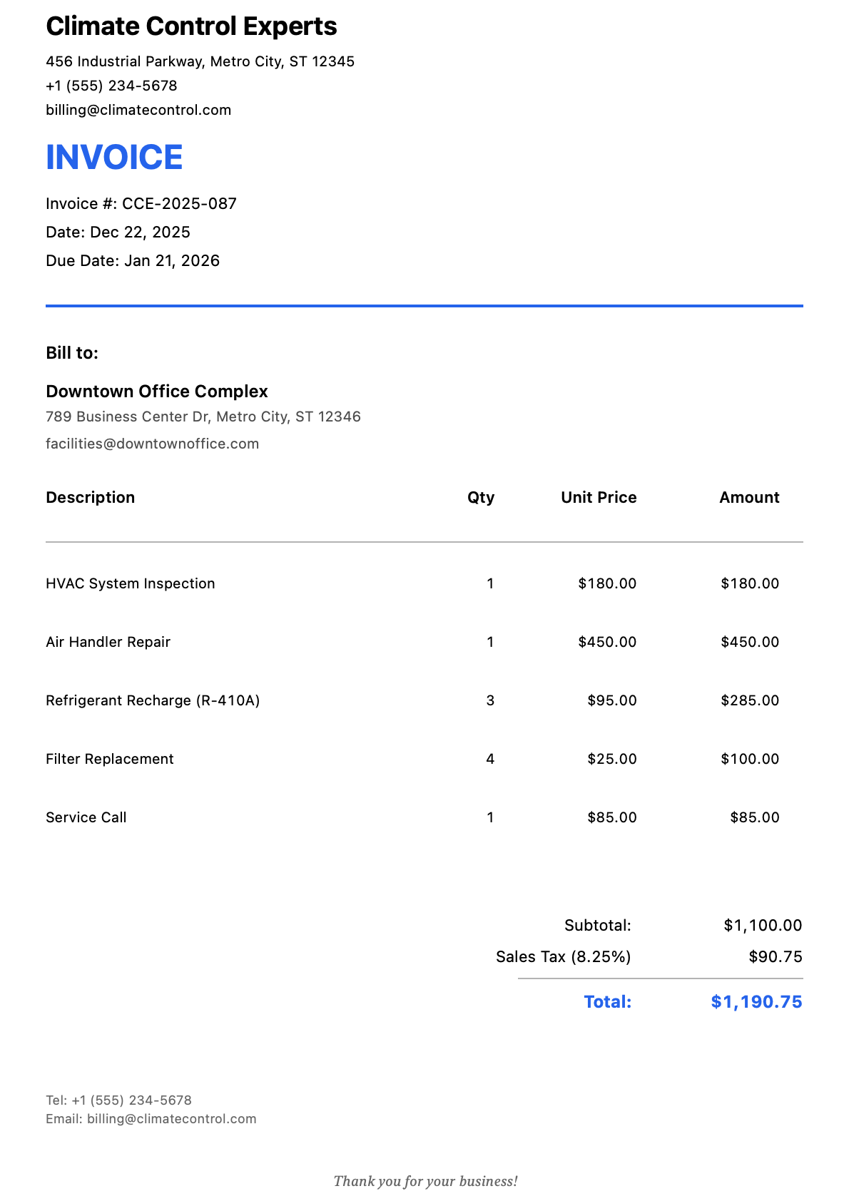 Sample HVAC Contractors Invoice