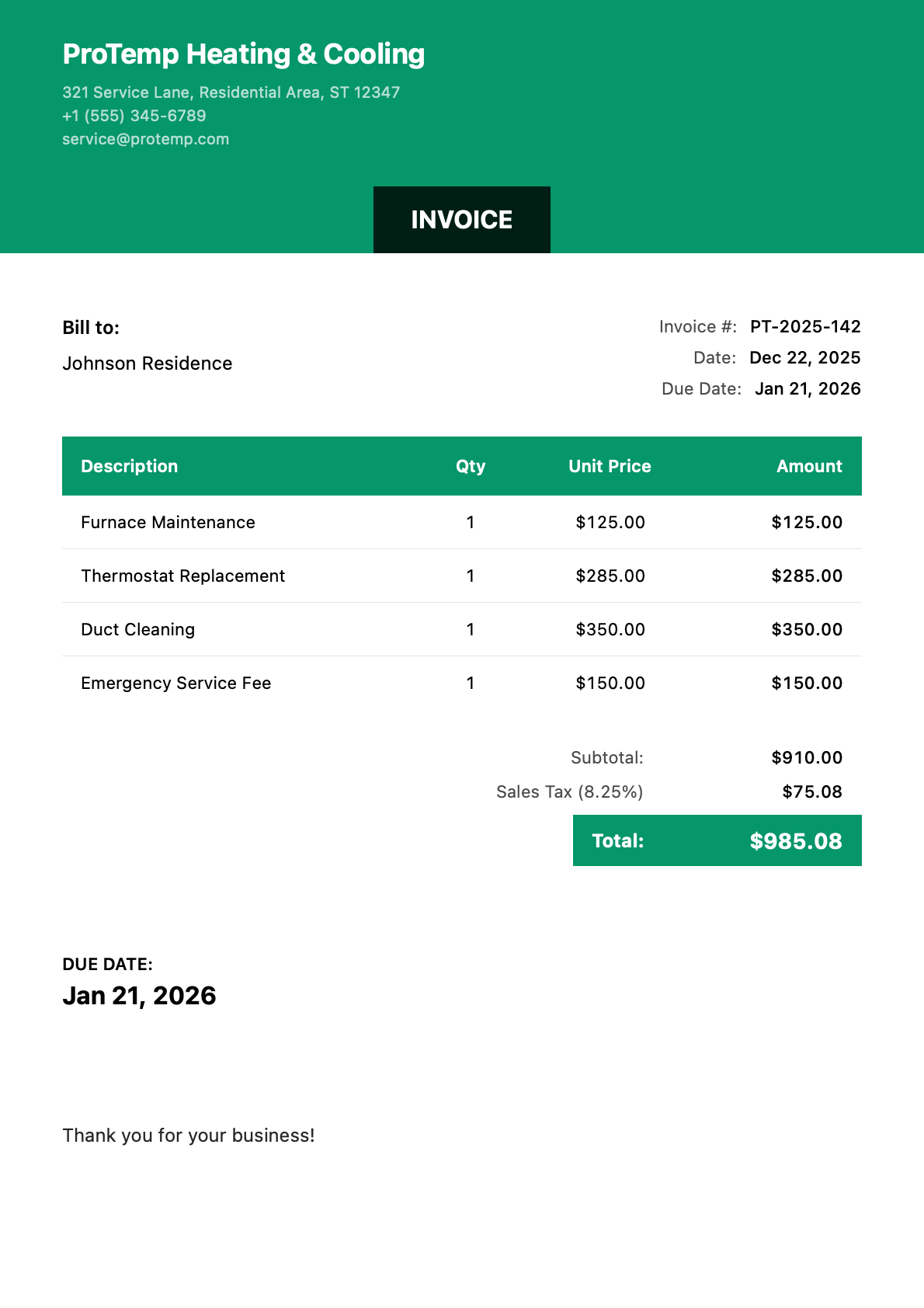 Invoice for Johnson Residence