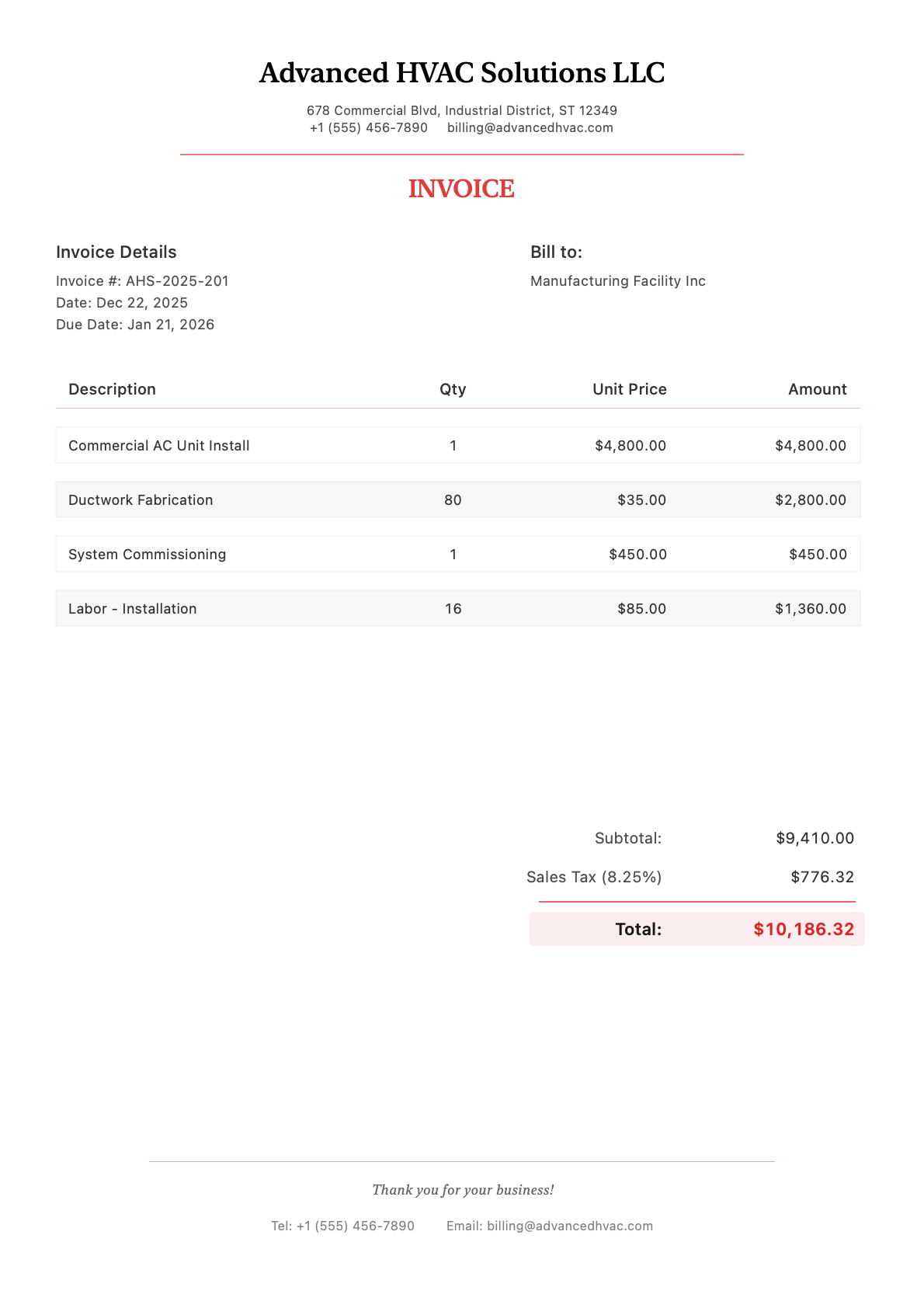 Invoice for Manufacturing Facility Inc