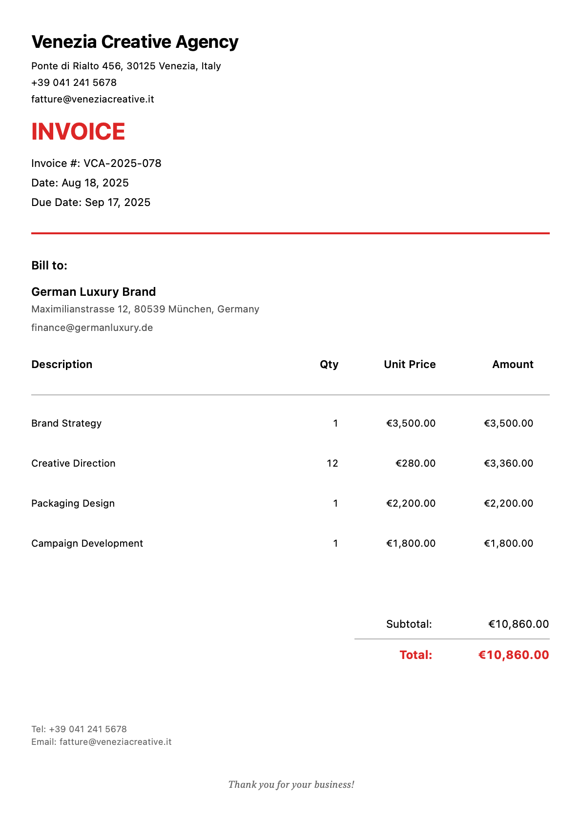 Invoice for German Luxury Brand