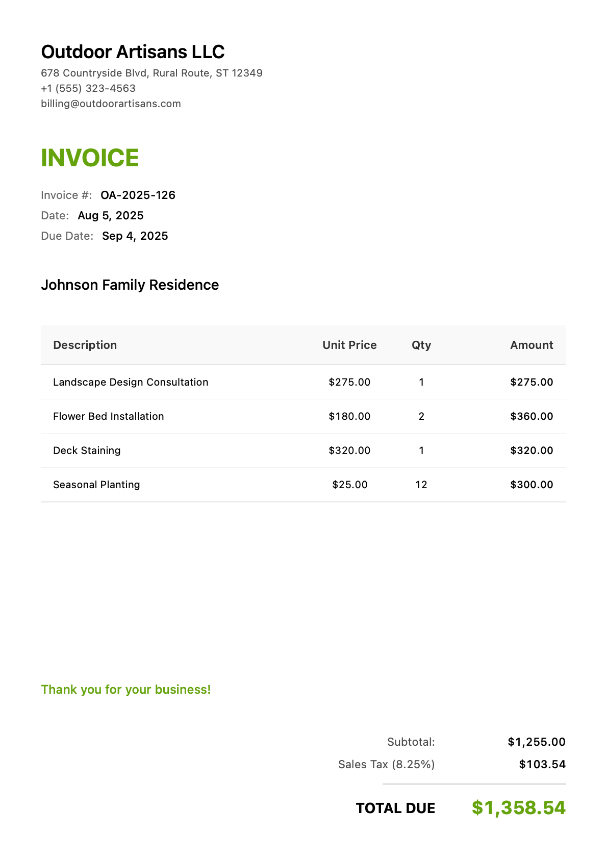 Invoice for Johnson Family Residence