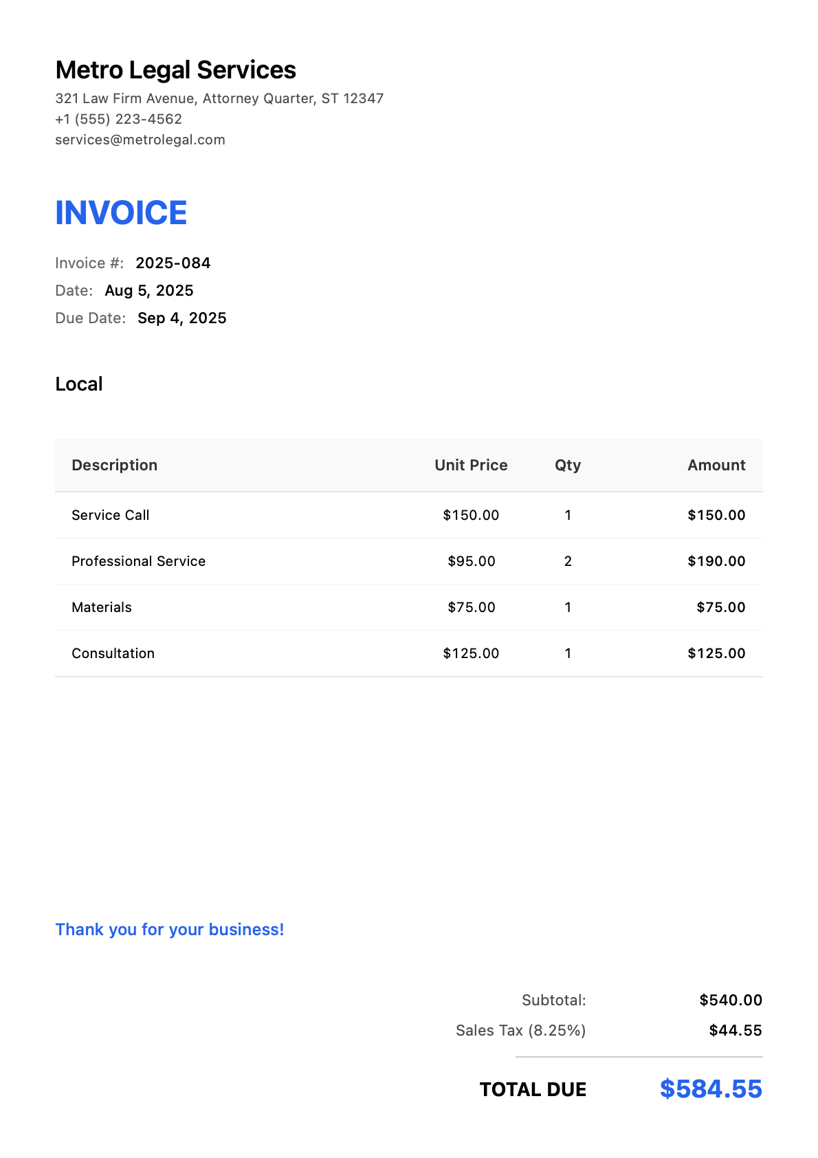 Invoice for Local