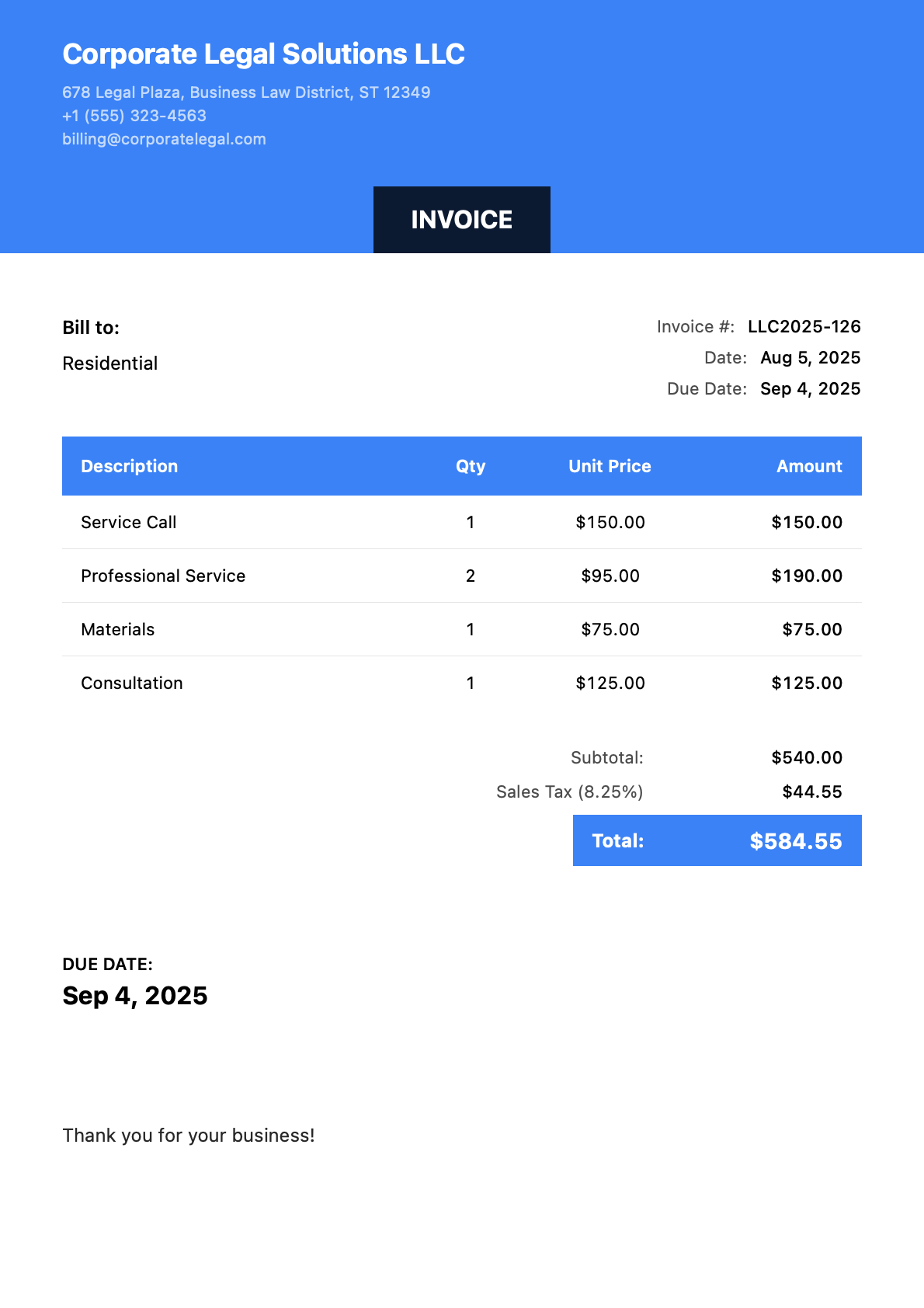 Invoice for Residential