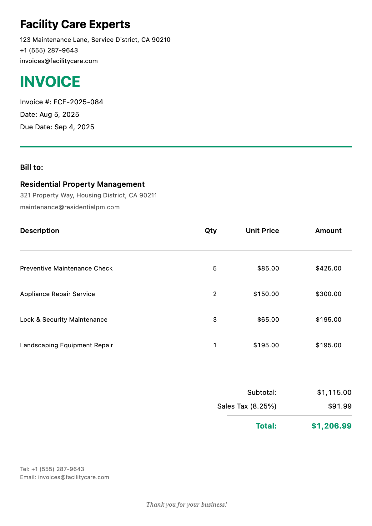 Invoice for Residential Property Management