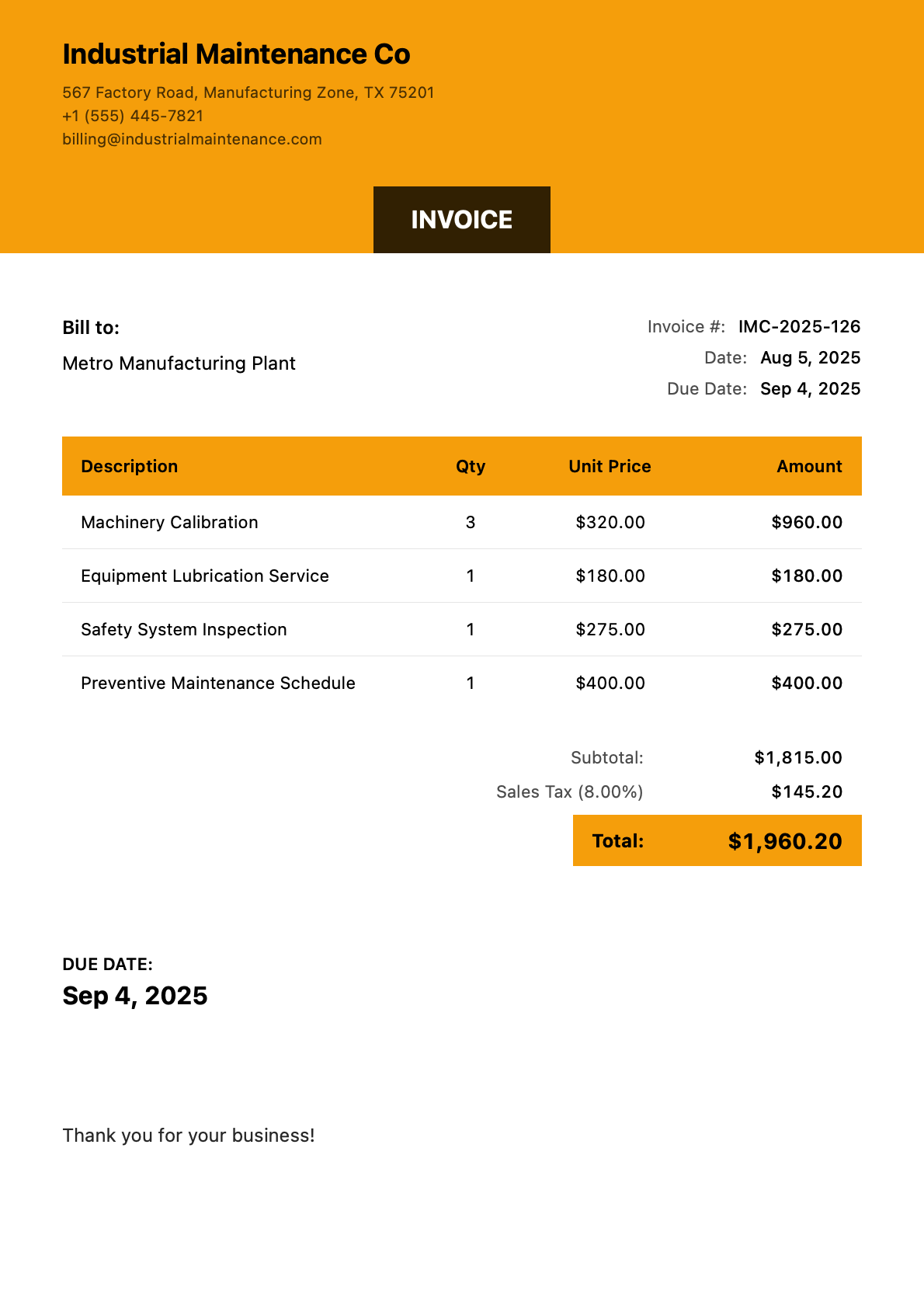 Invoice for Metro Manufacturing Plant