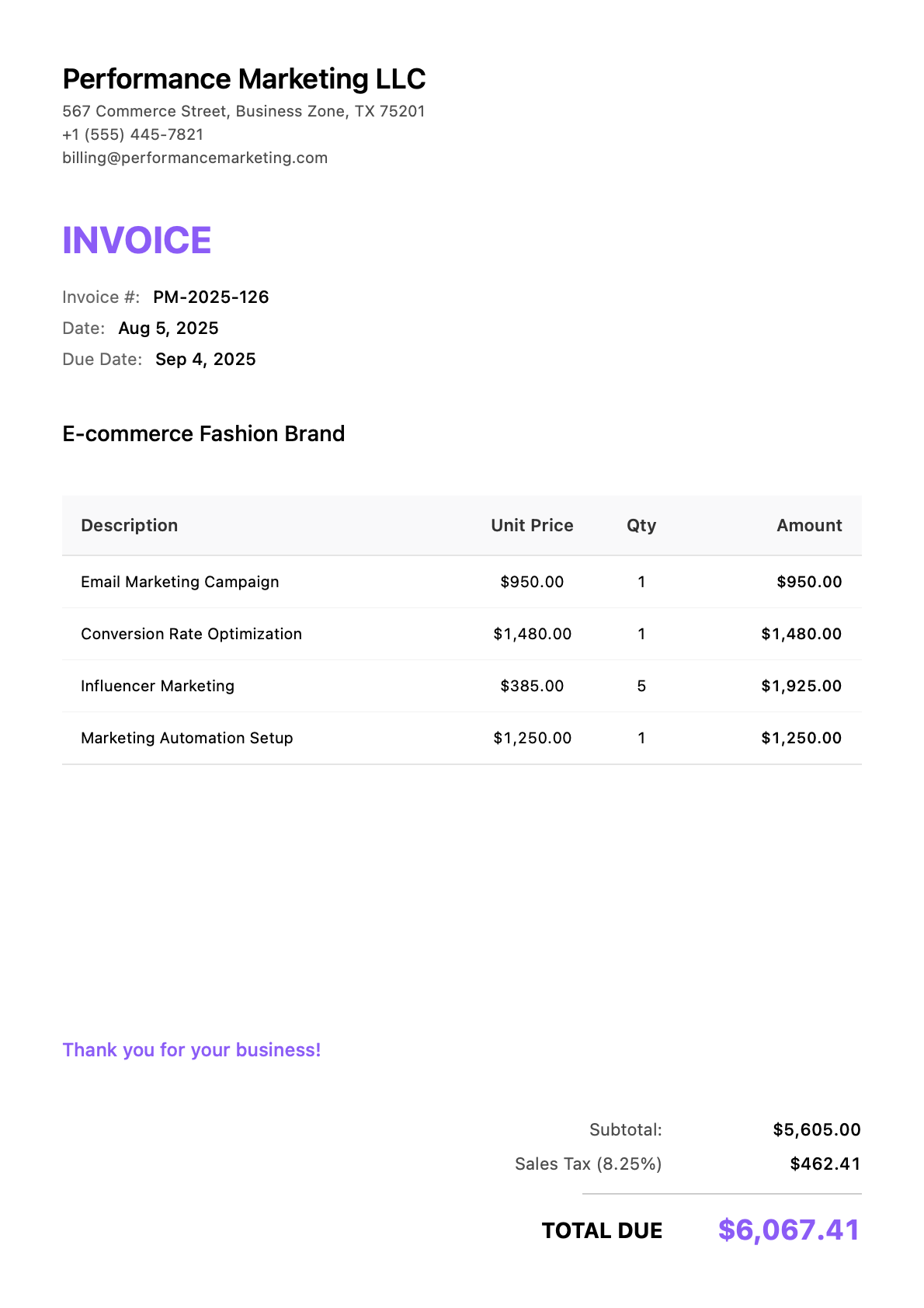 Invoice for E-commerce Fashion Brand