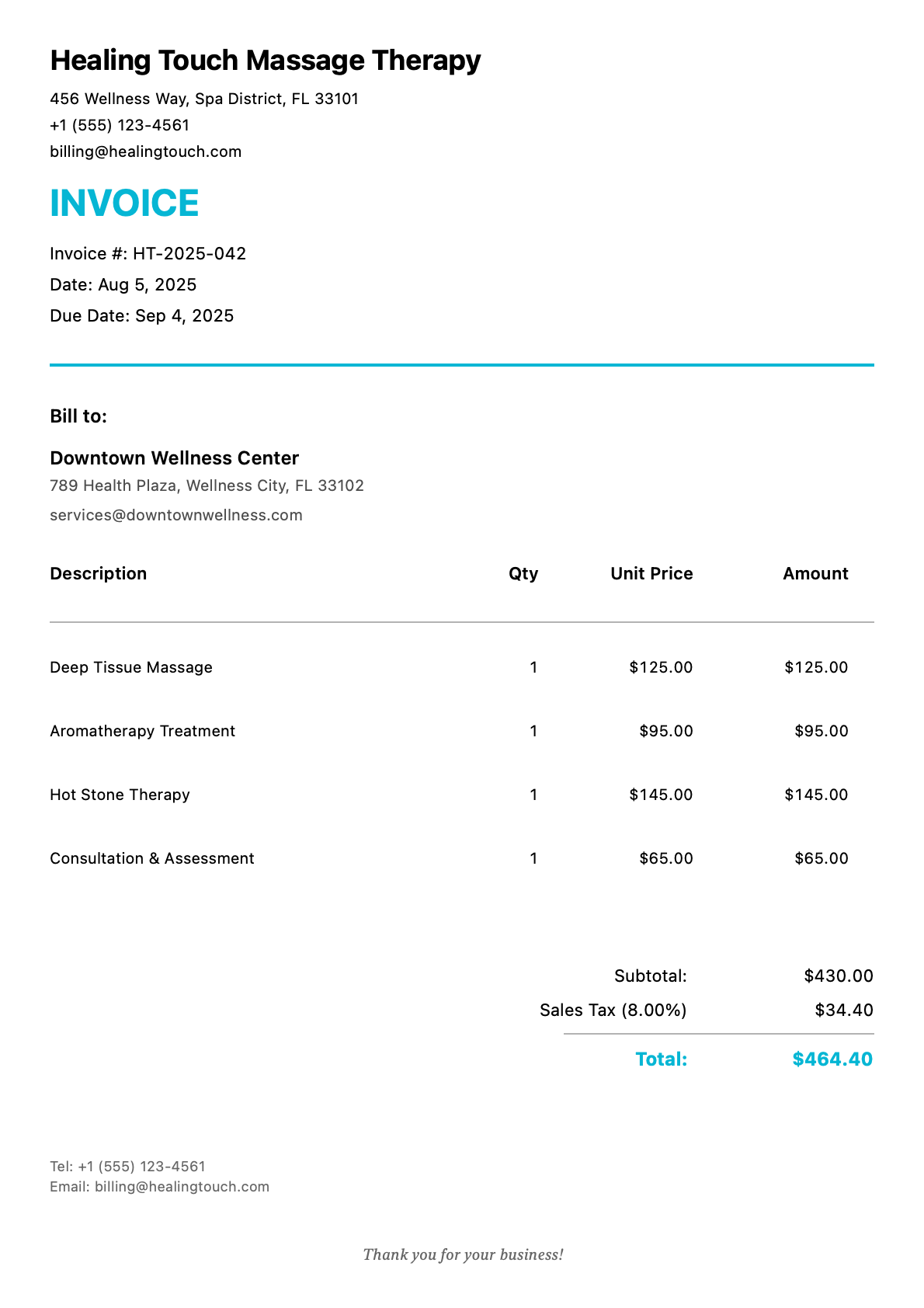 Sample massage therapy Invoice