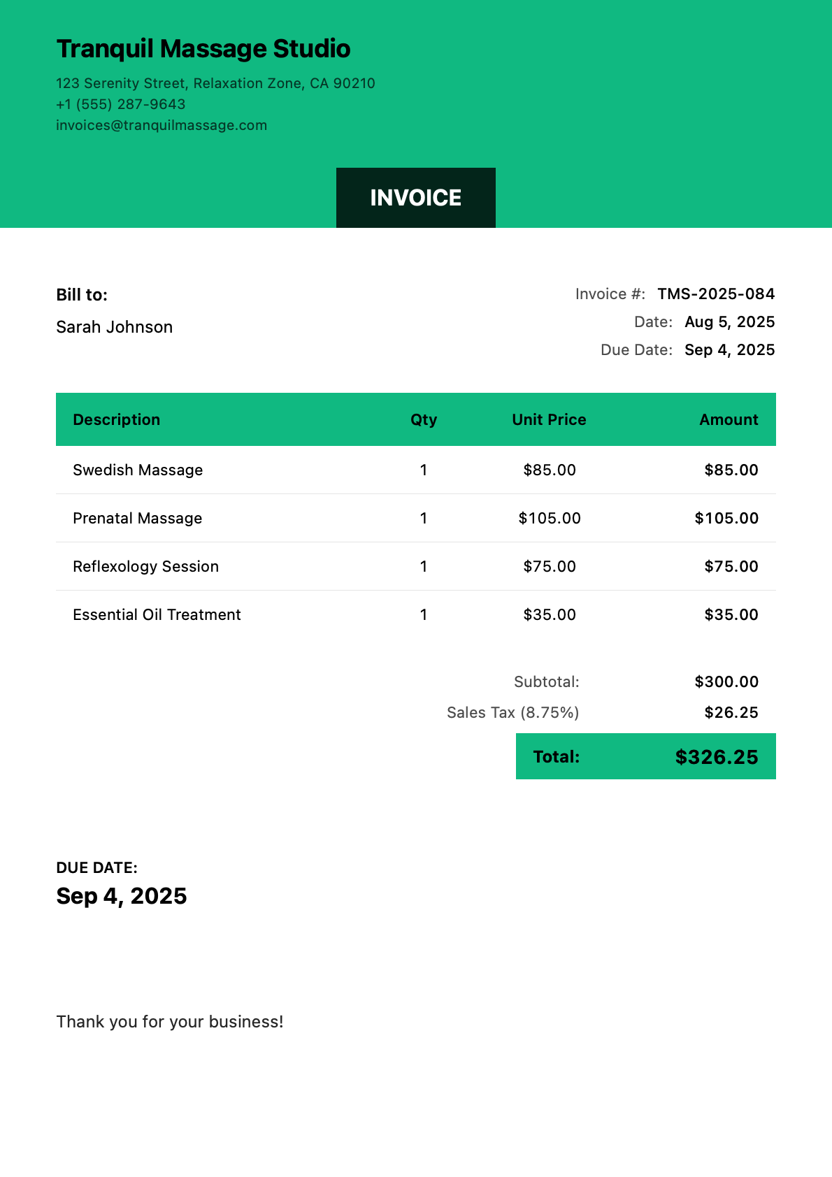 Invoice for Sarah Johnson