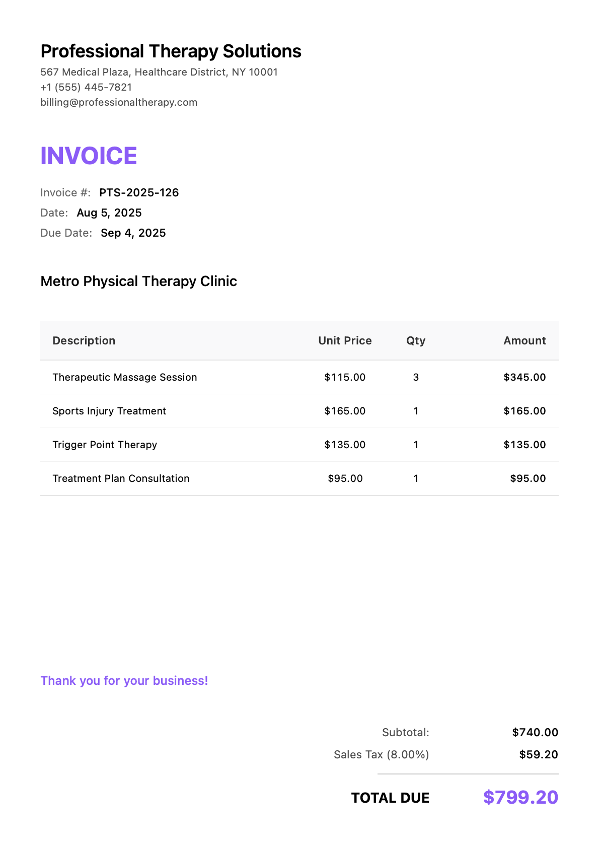Invoice for Metro Physical Therapy Clinic