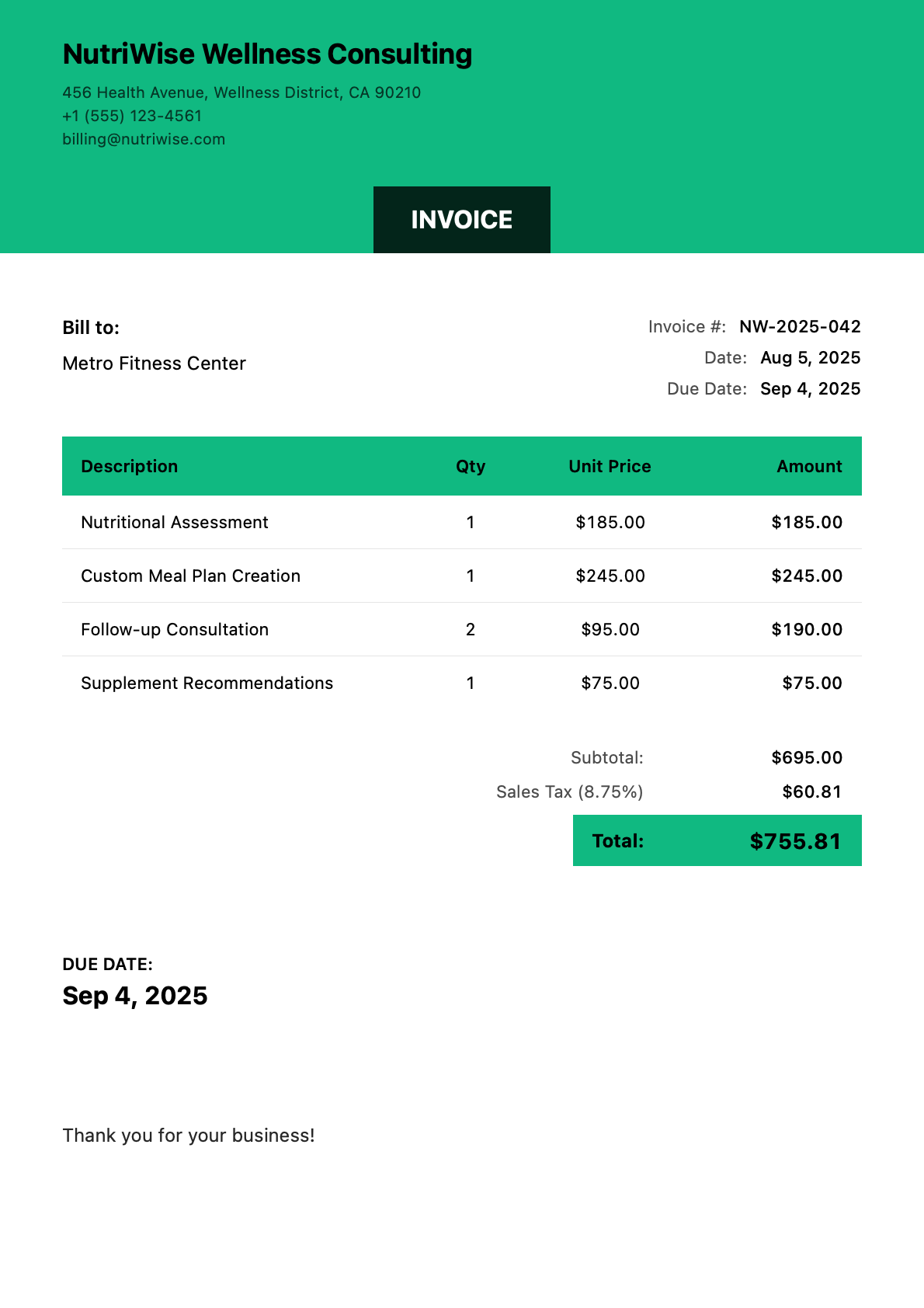 Sample nutrition Invoice
