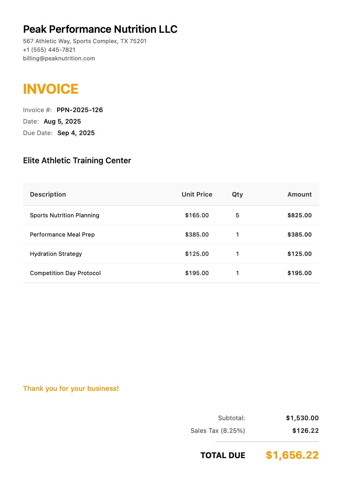Invoice for Elite Athletic Training Center