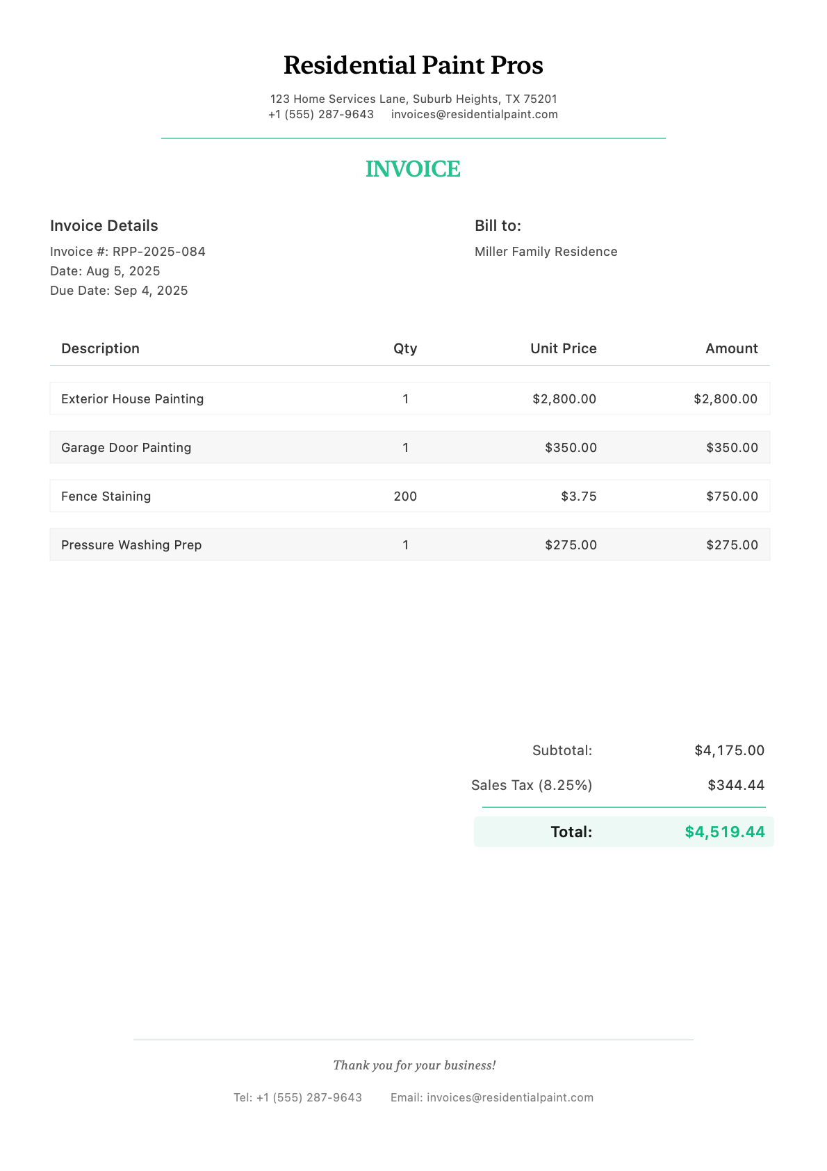 Invoice for Miller Family Residence
