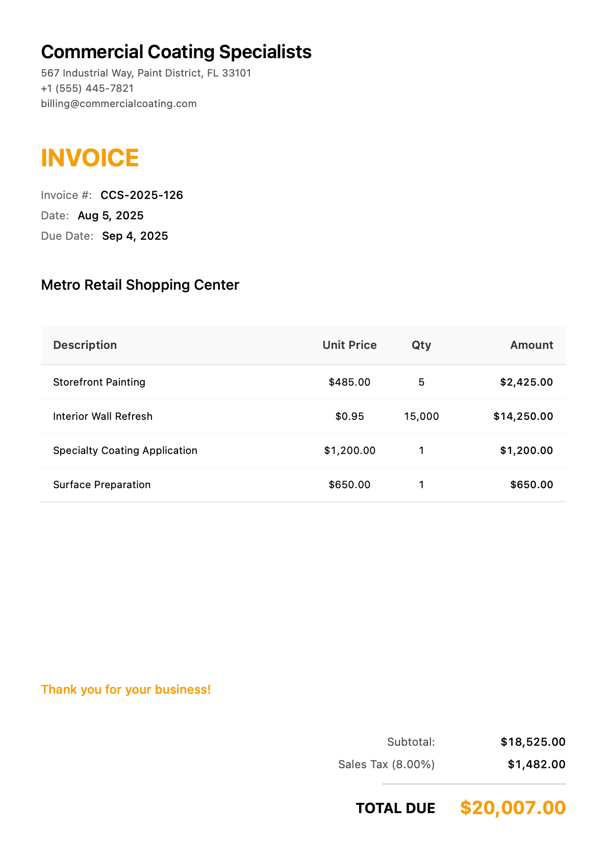 Invoice for Metro Retail Shopping Center