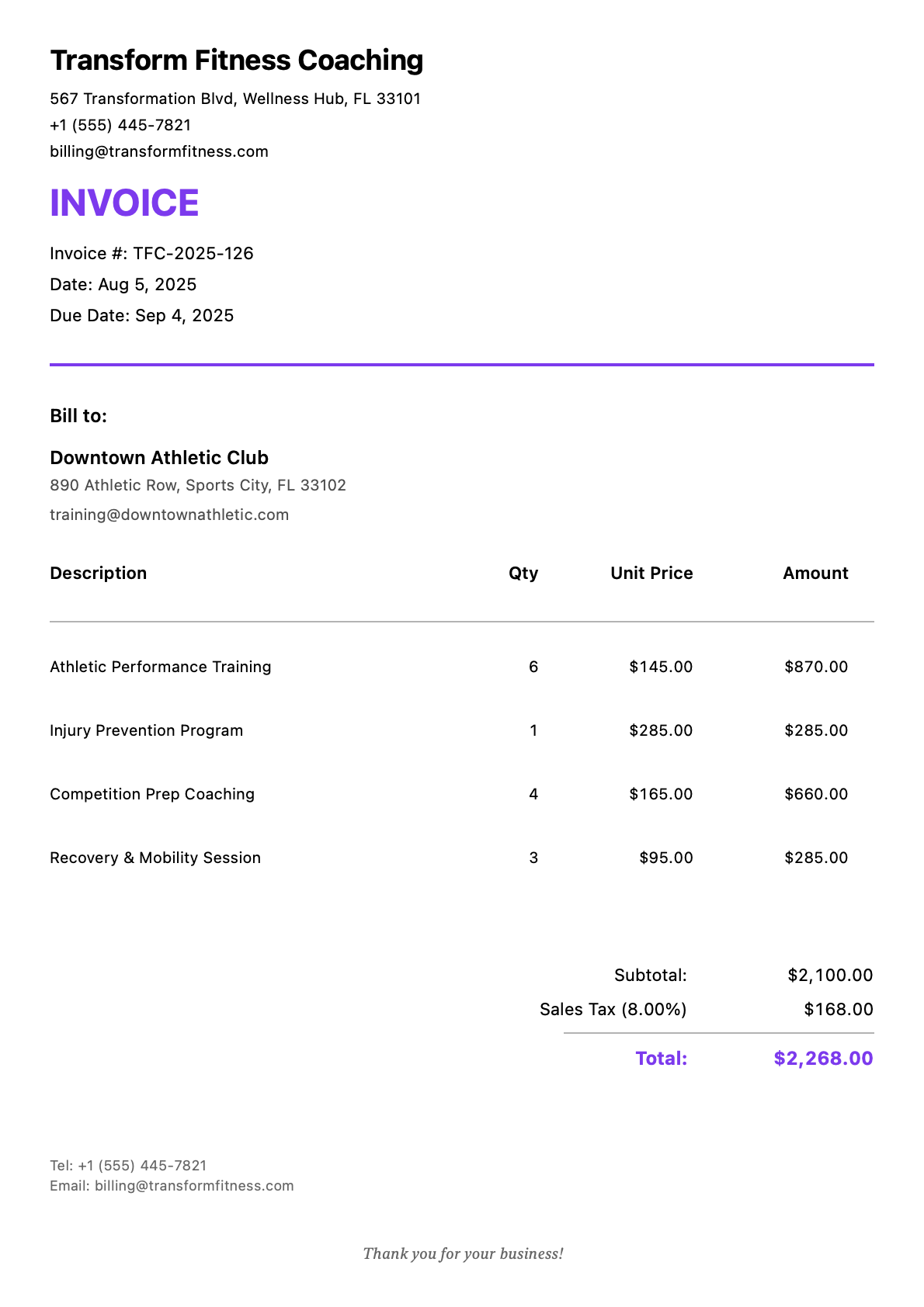 Invoice for Downtown Athletic Club