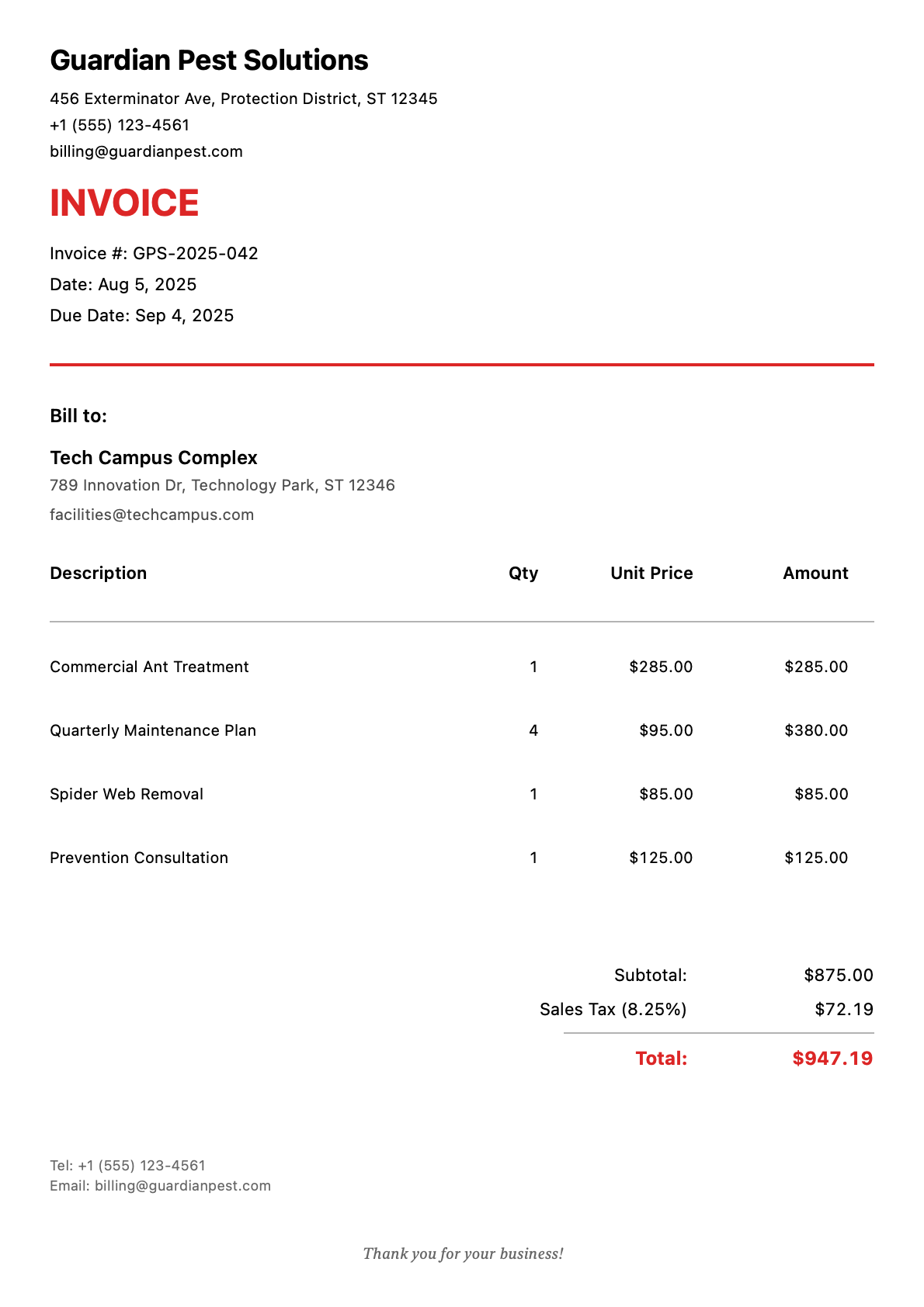 Sample pest control Invoice