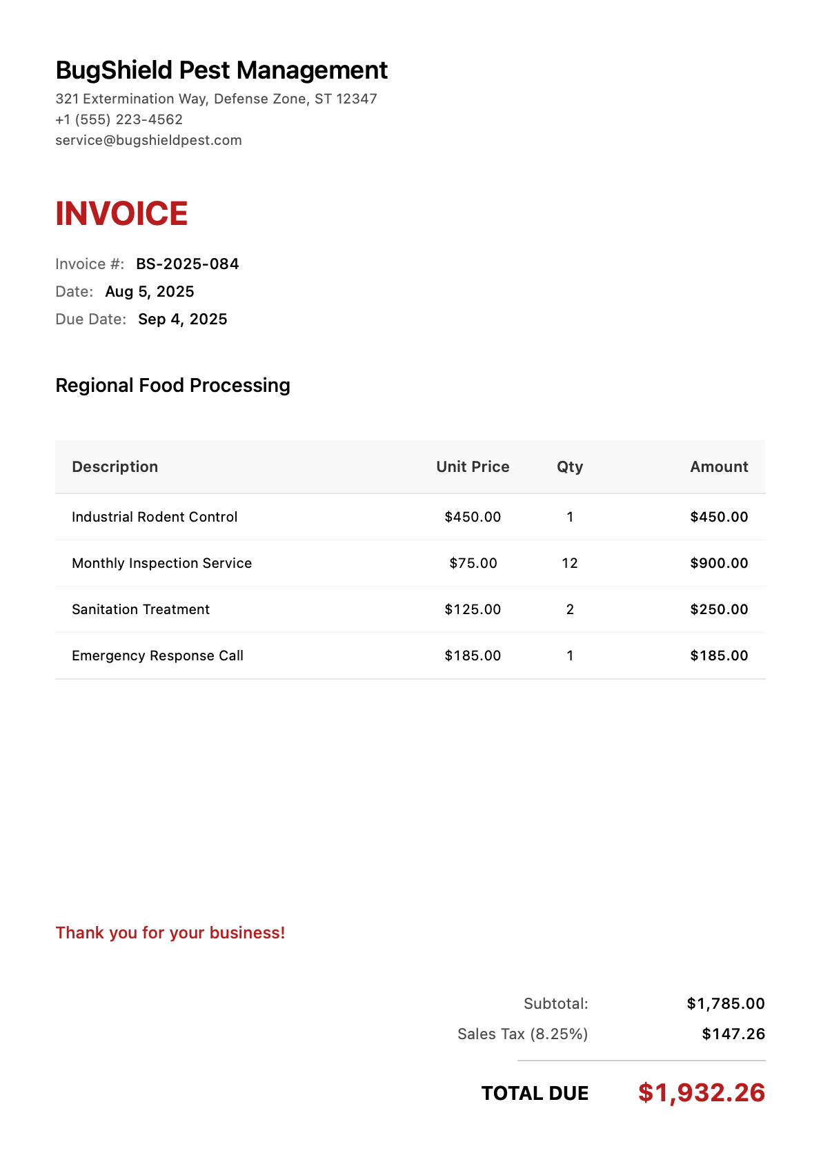 Invoice for Regional Food Processing