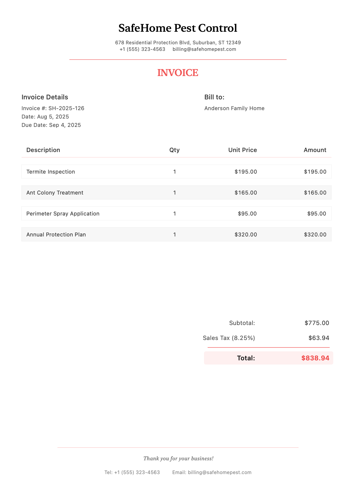 Invoice for Anderson Family Home