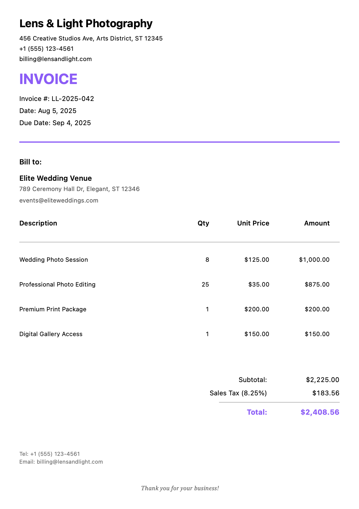 Sample photography Invoice