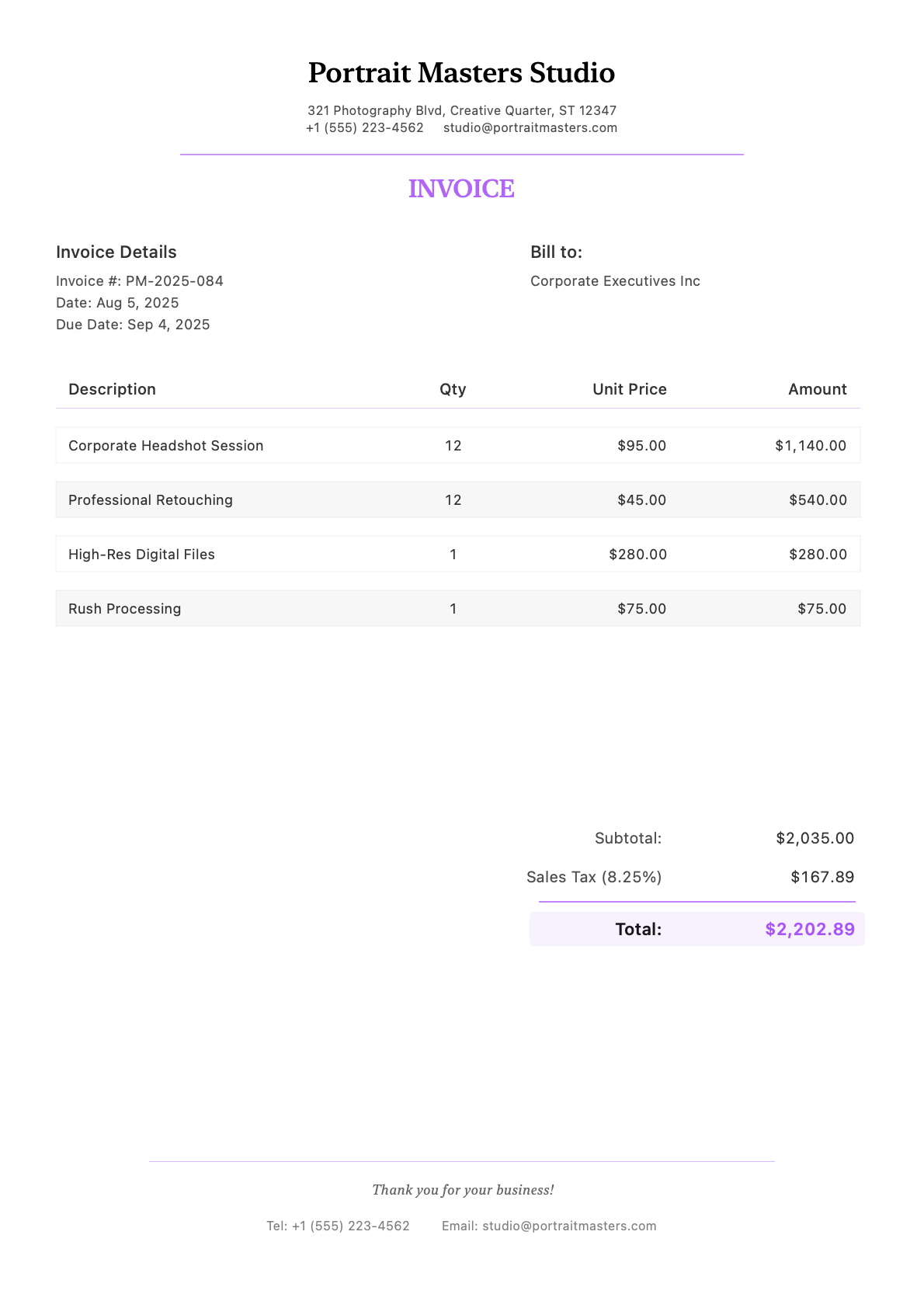 Invoice for Corporate Executives Inc