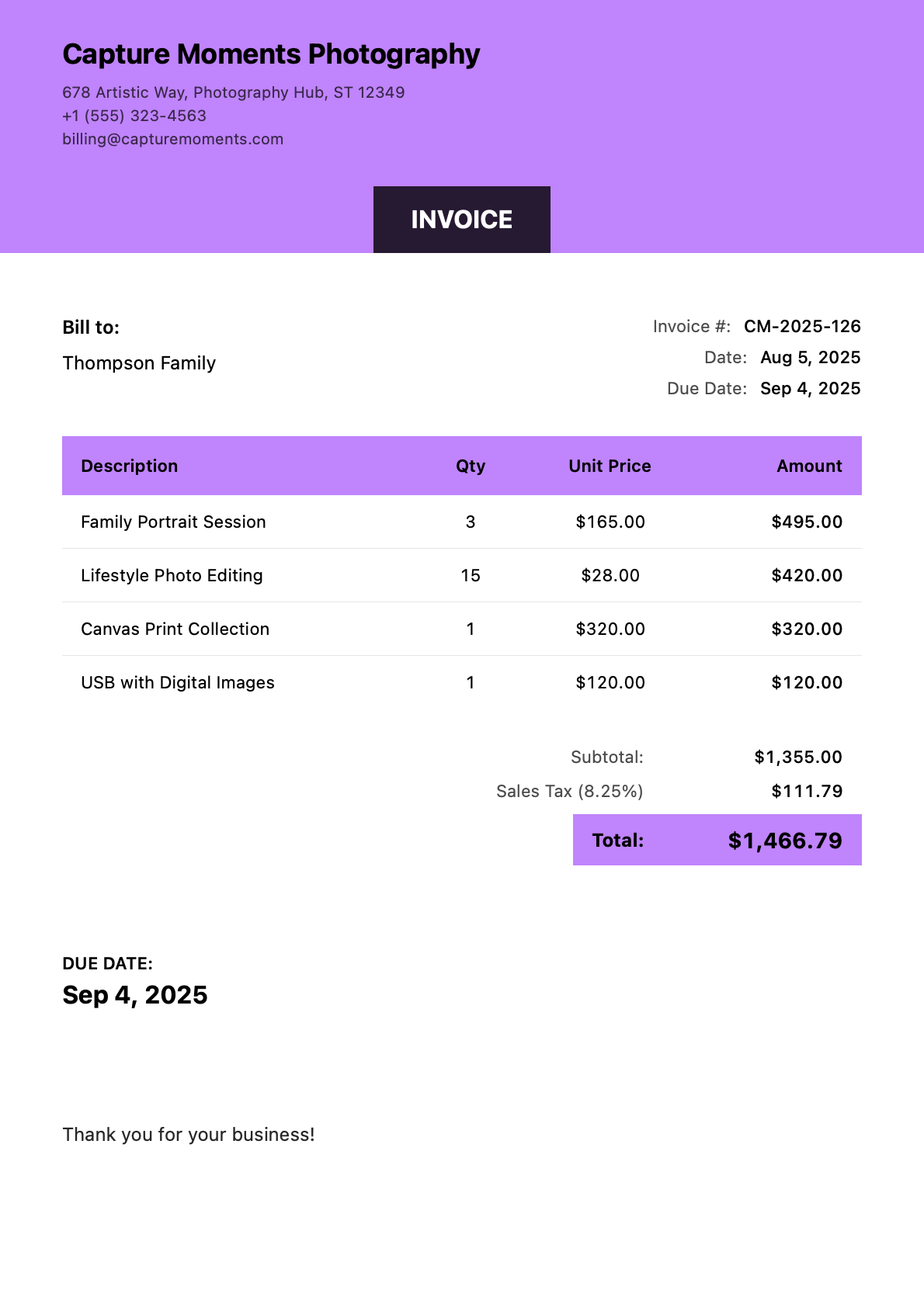 Invoice for Thompson Family