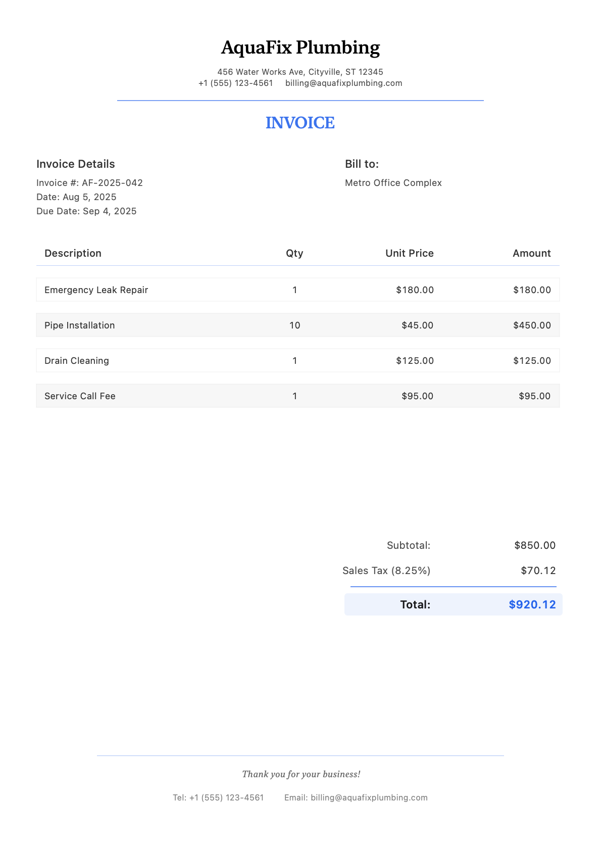 Sample plumuers Invoice