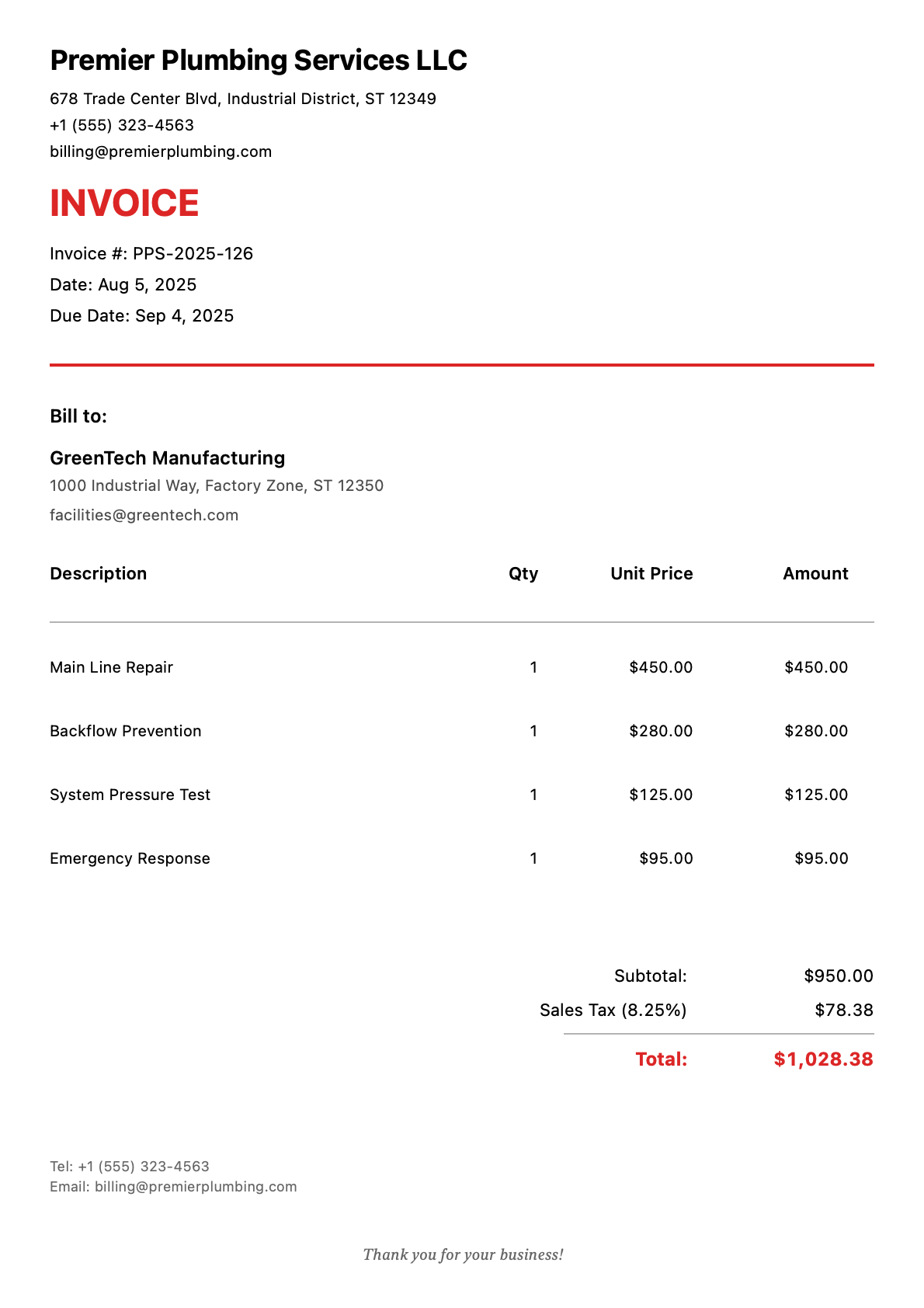 Invoice for GreenTech Manufacturing