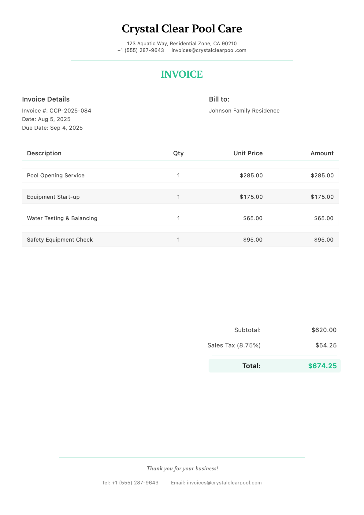 Invoice for Johnson Family Residence