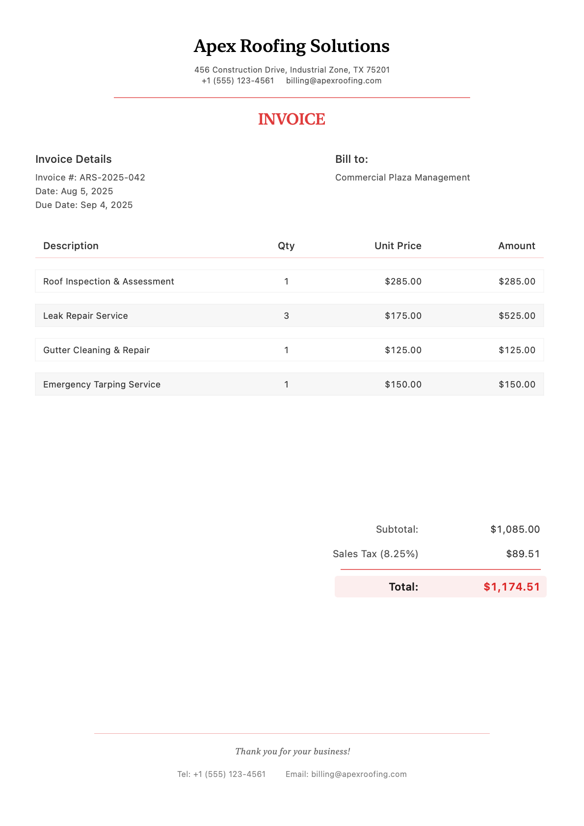 Sample roofing Invoice