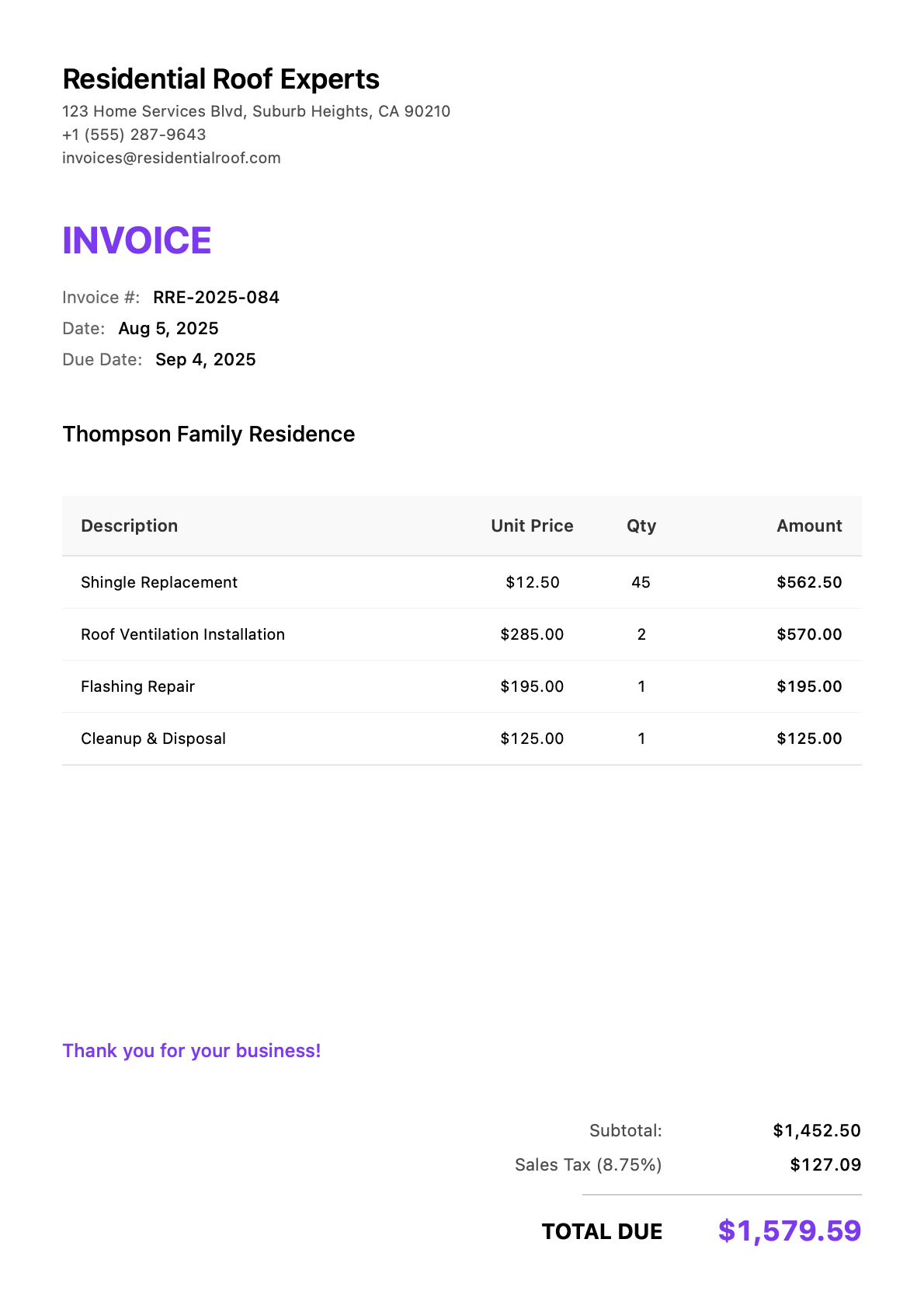 Invoice for Thompson Family Residence