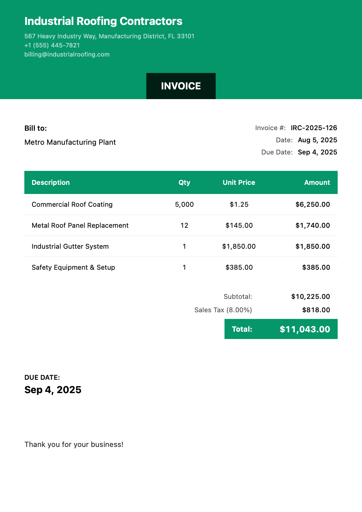 Invoice for Metro Manufacturing Plant