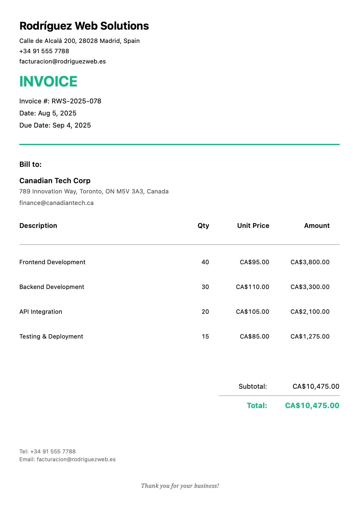 Invoice for Canadian Tech Corp