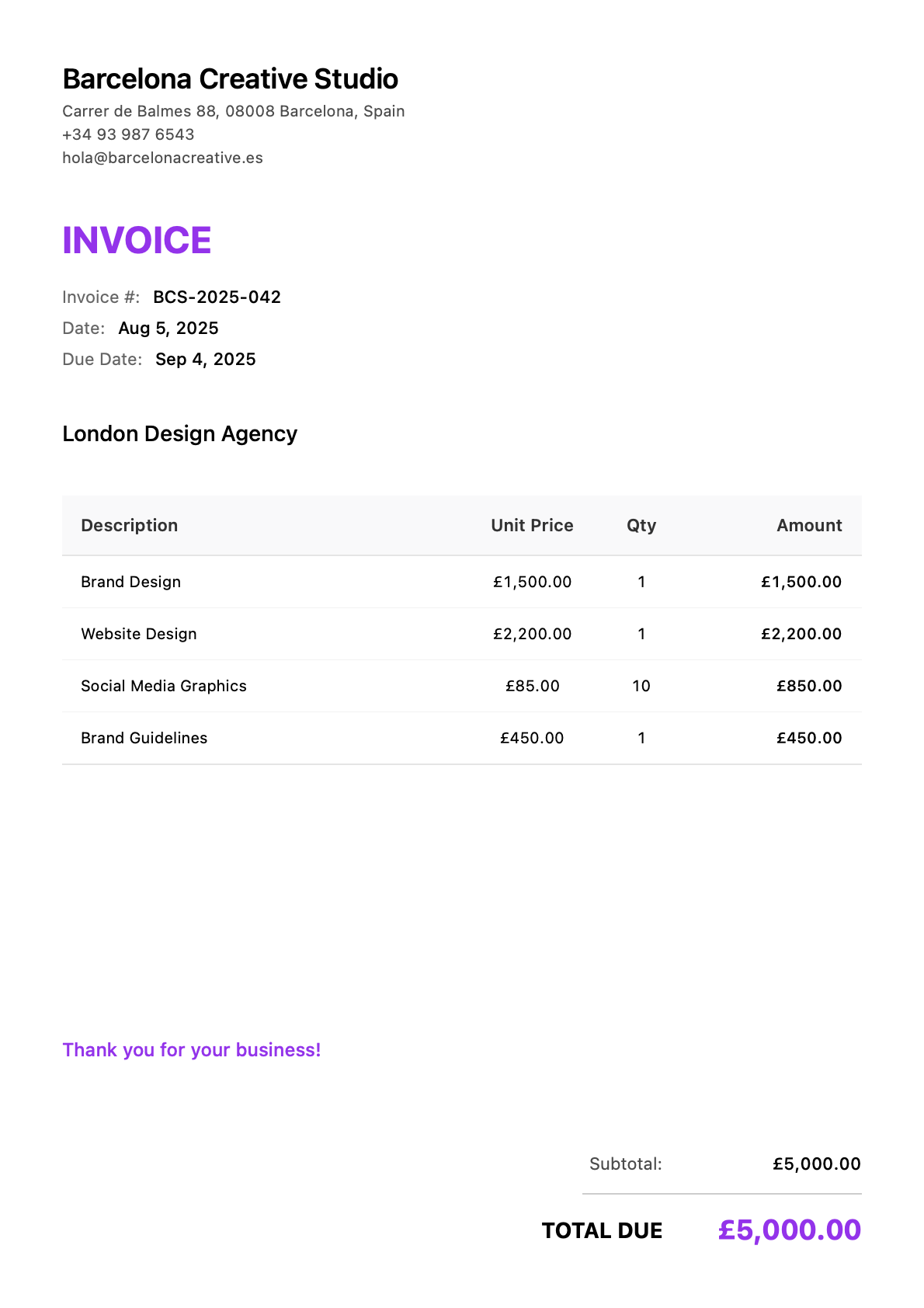 Invoice for London Design Agency