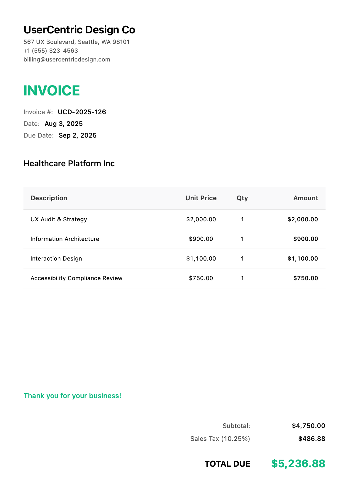Invoice for Healthcare Platform Inc