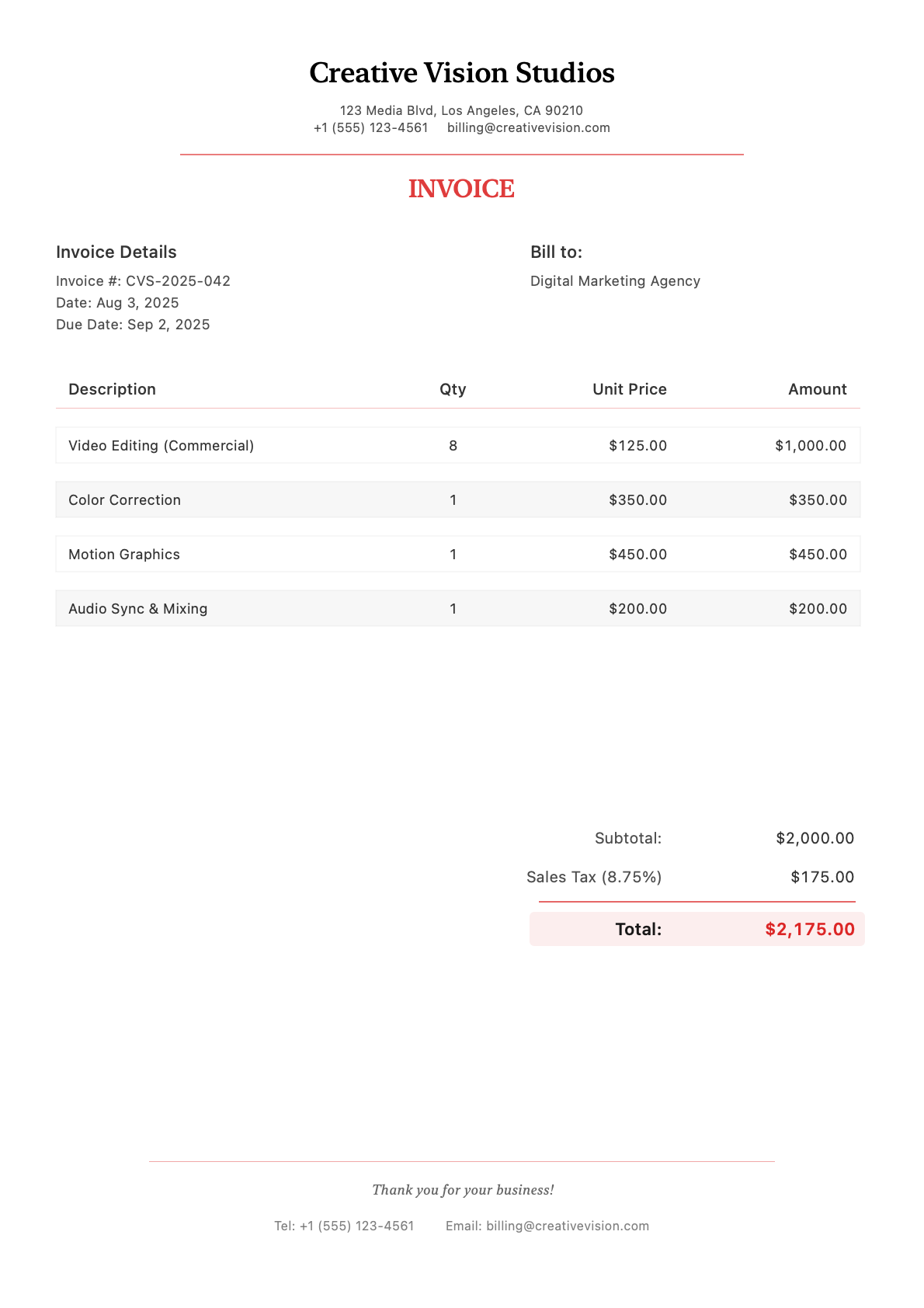 Sample video editing Invoice