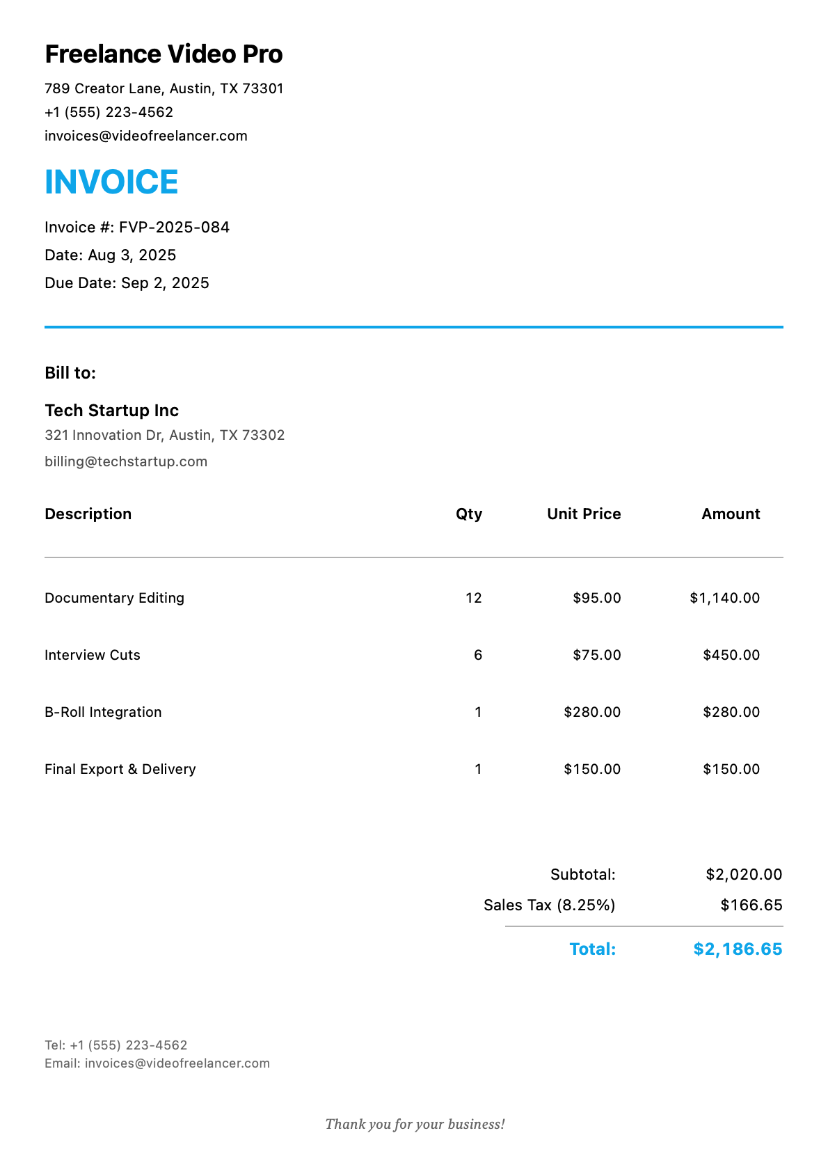Invoice for Tech Startup Inc