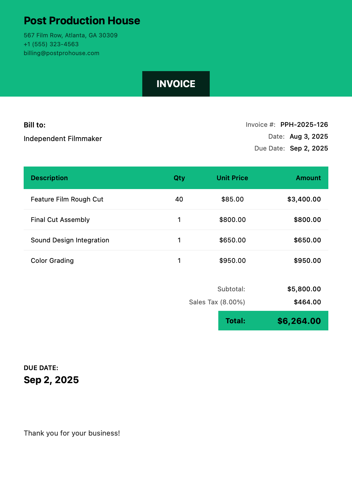 Invoice for Independent Filmmaker
