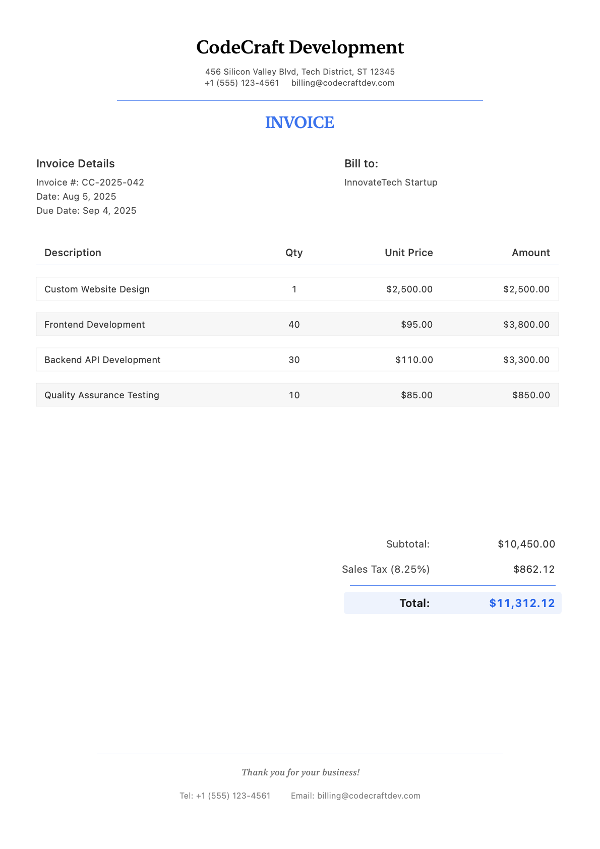Sample web development Invoice