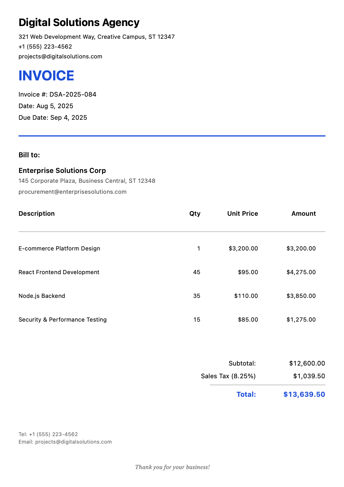 Invoice for Enterprise Solutions Corp