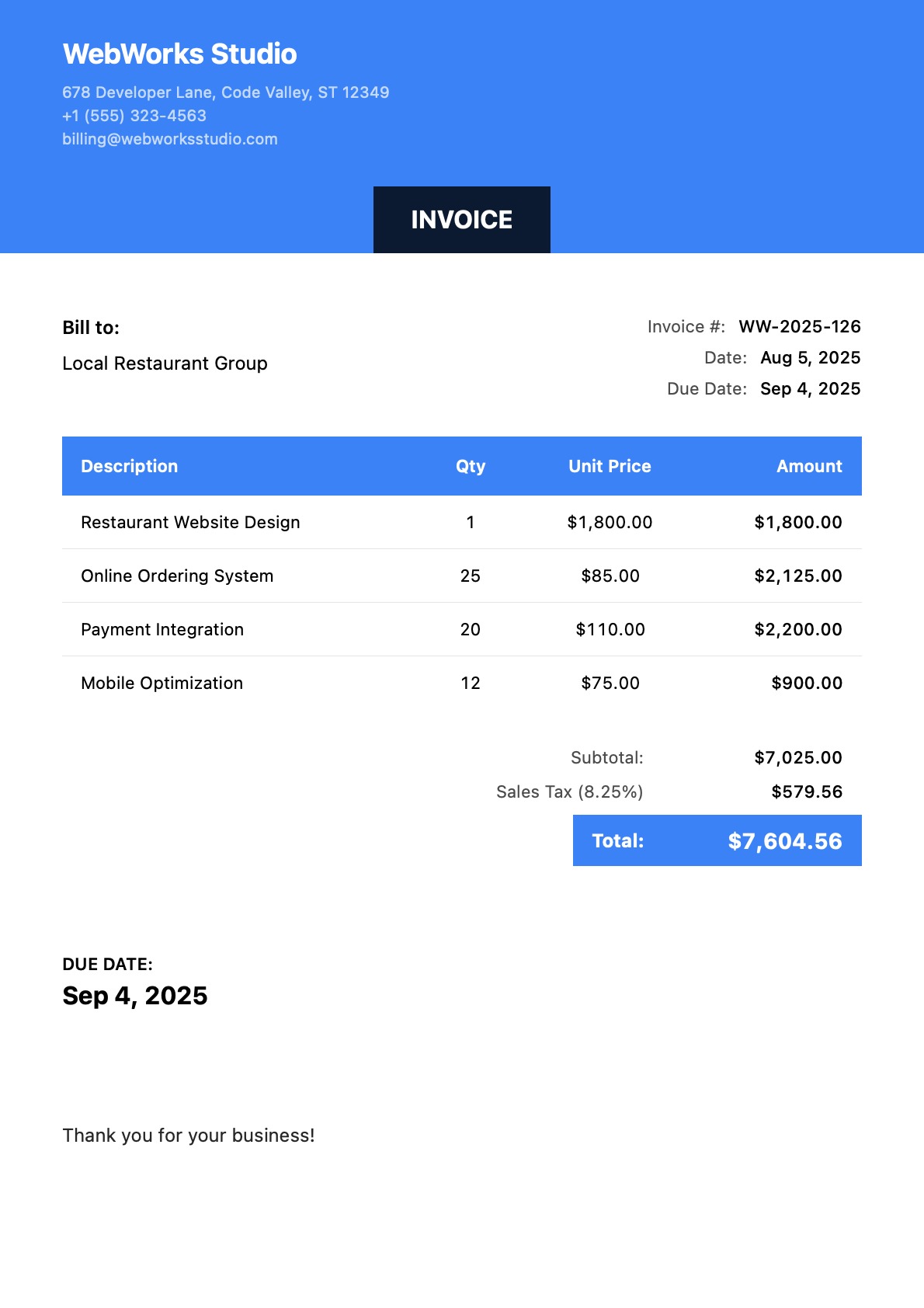 Invoice for Local Restaurant Group