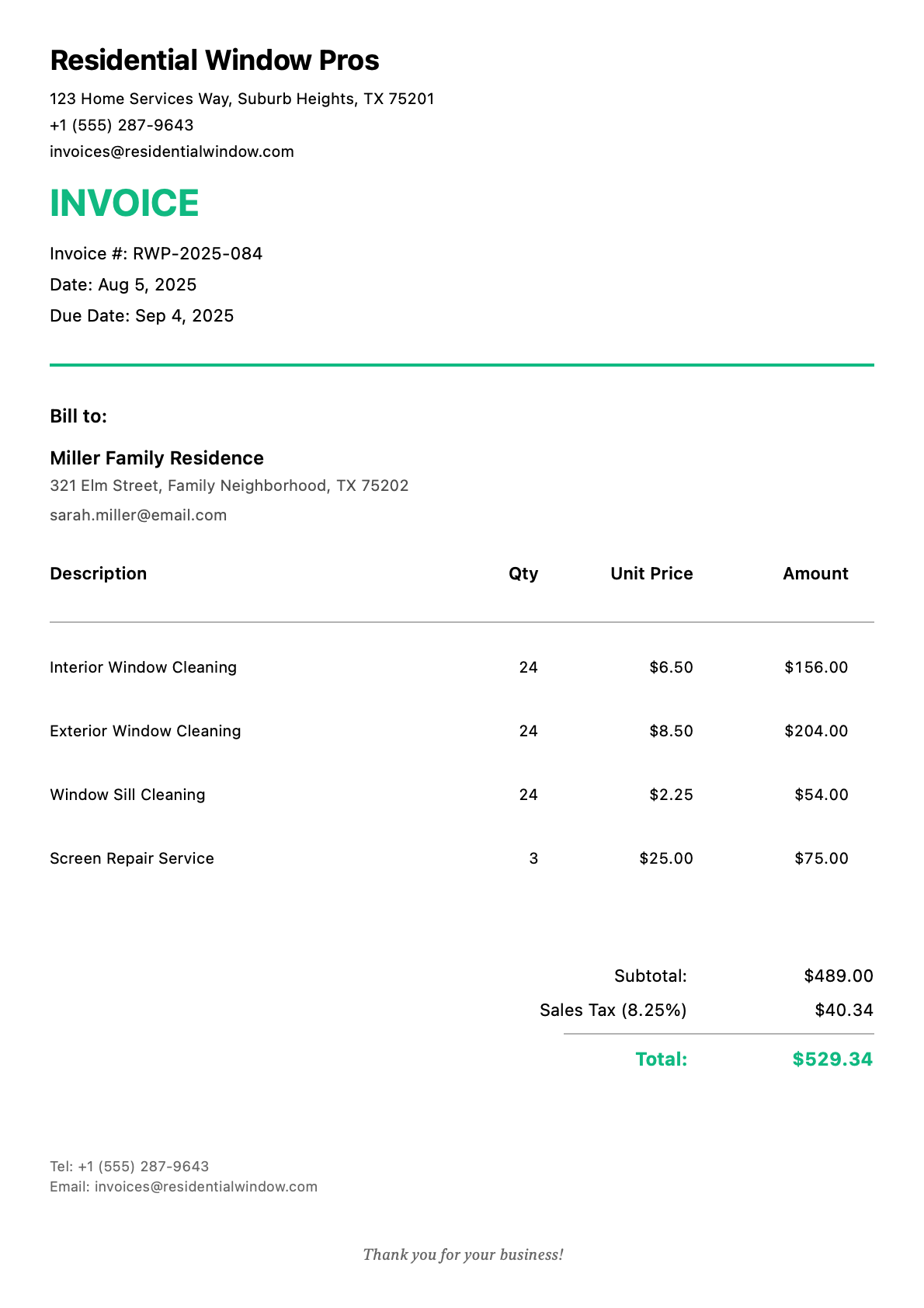 Invoice for Miller Family Residence