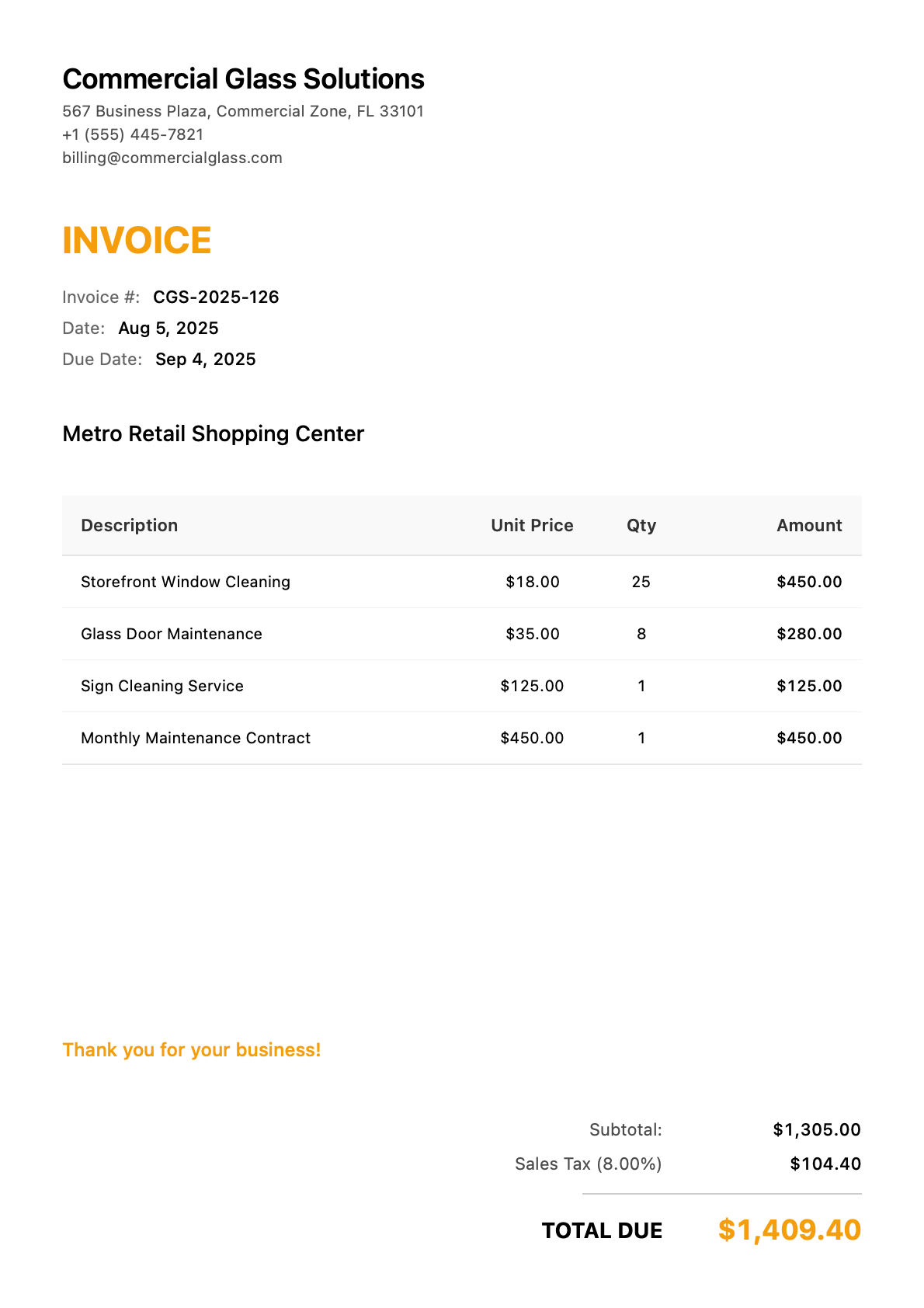 Invoice for Metro Retail Shopping Center