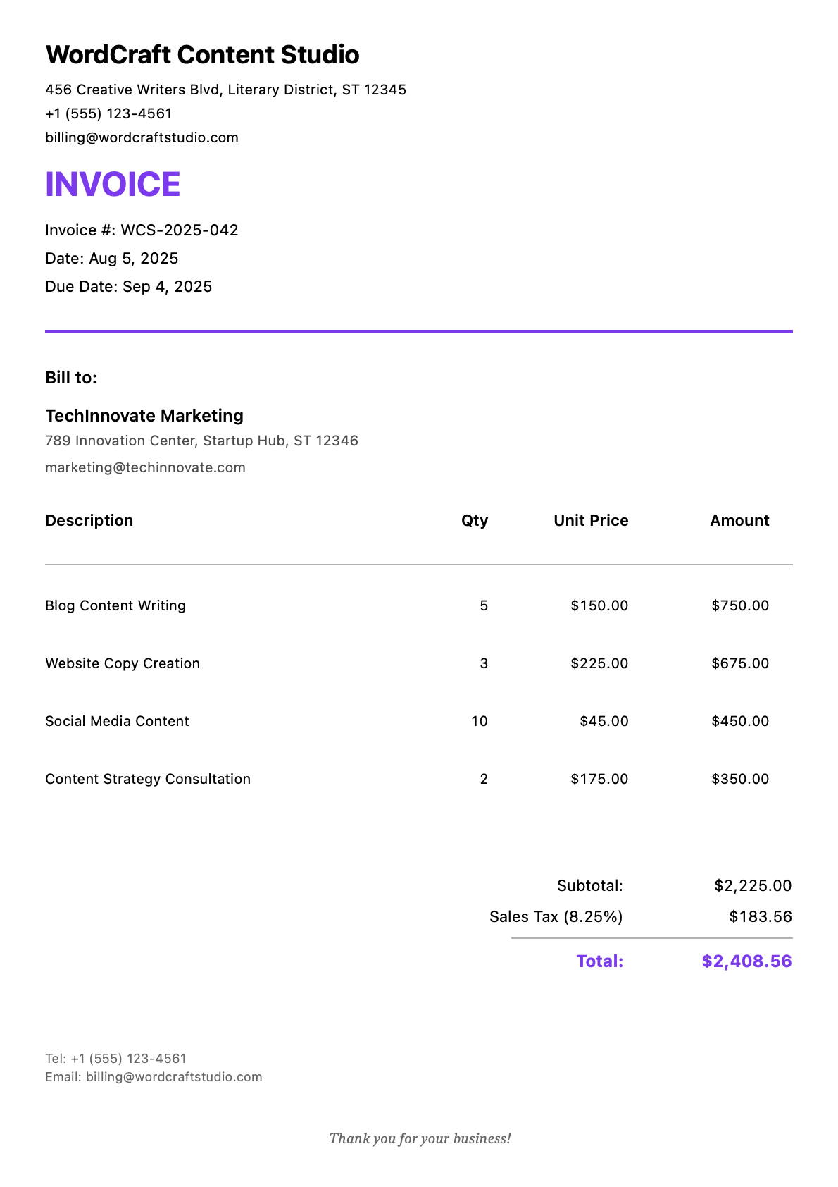 Sample writing Invoice
