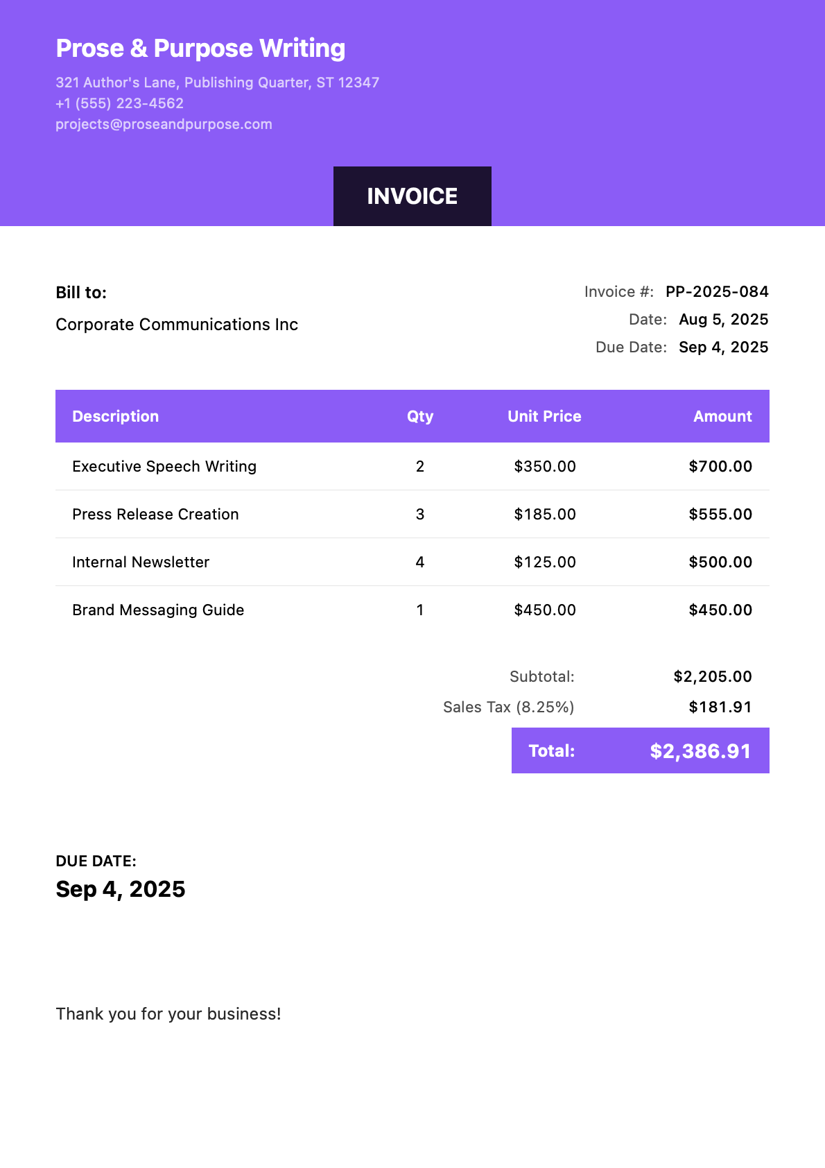 Invoice for Corporate Communications Inc